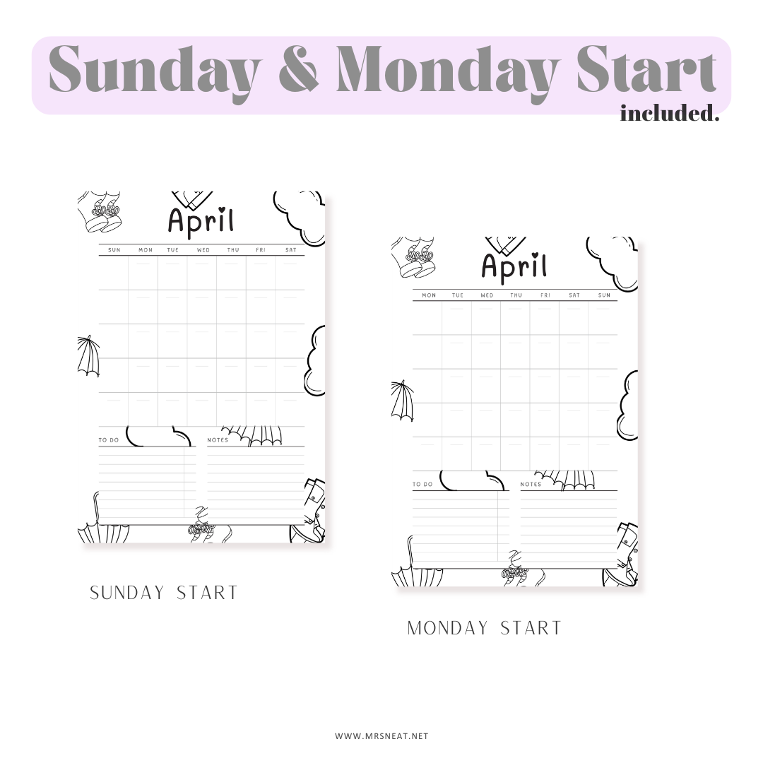 Two calendar designs for April with 'Sunday & Monday Start' text on a white background.