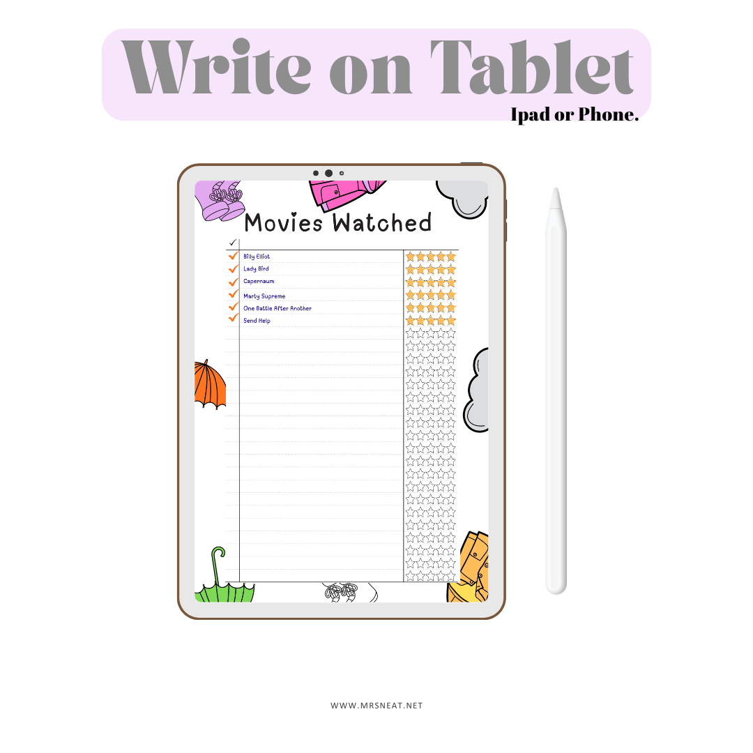 Digital tablet with a 'Movies Watched' checklist on a white background