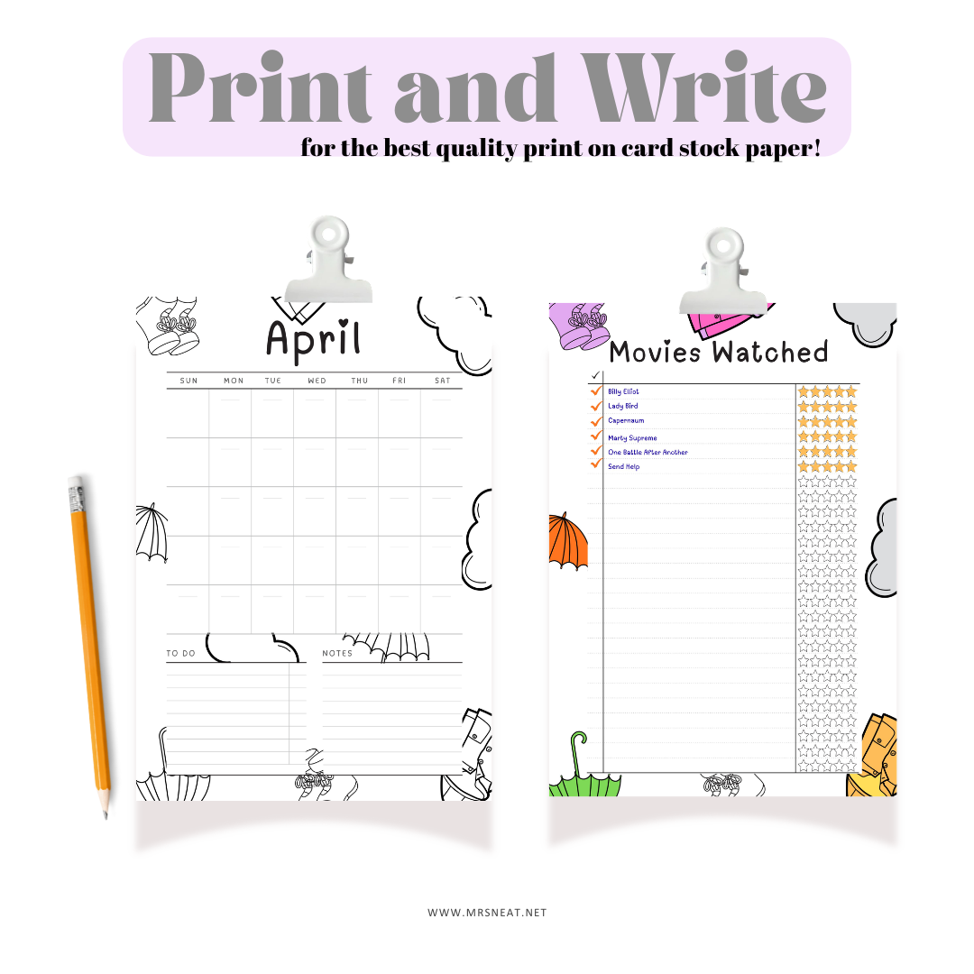 Printable sheets with calendar and checklist on card stock paper, featuring a pencil.