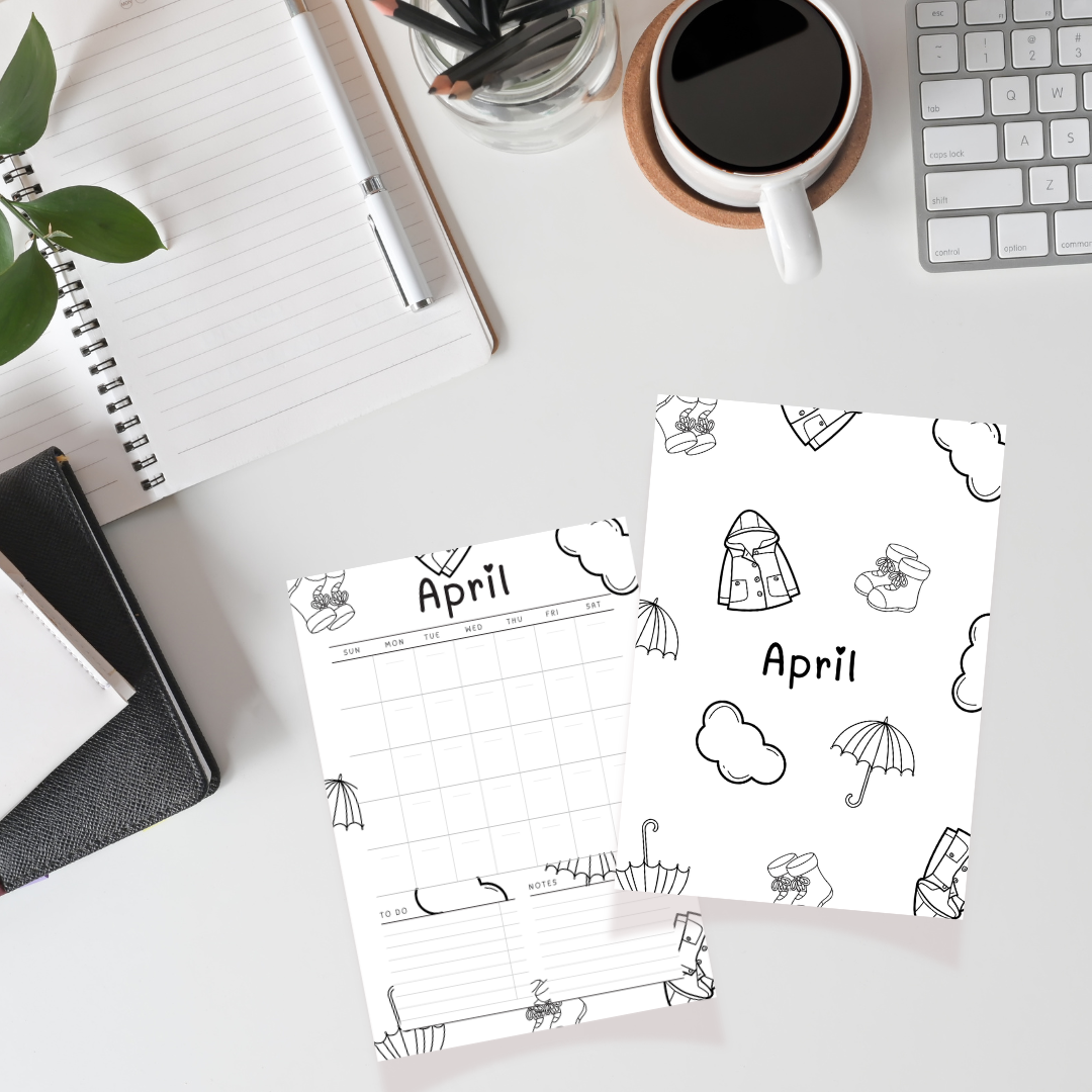 April calendar sheets on a desk with office supplies