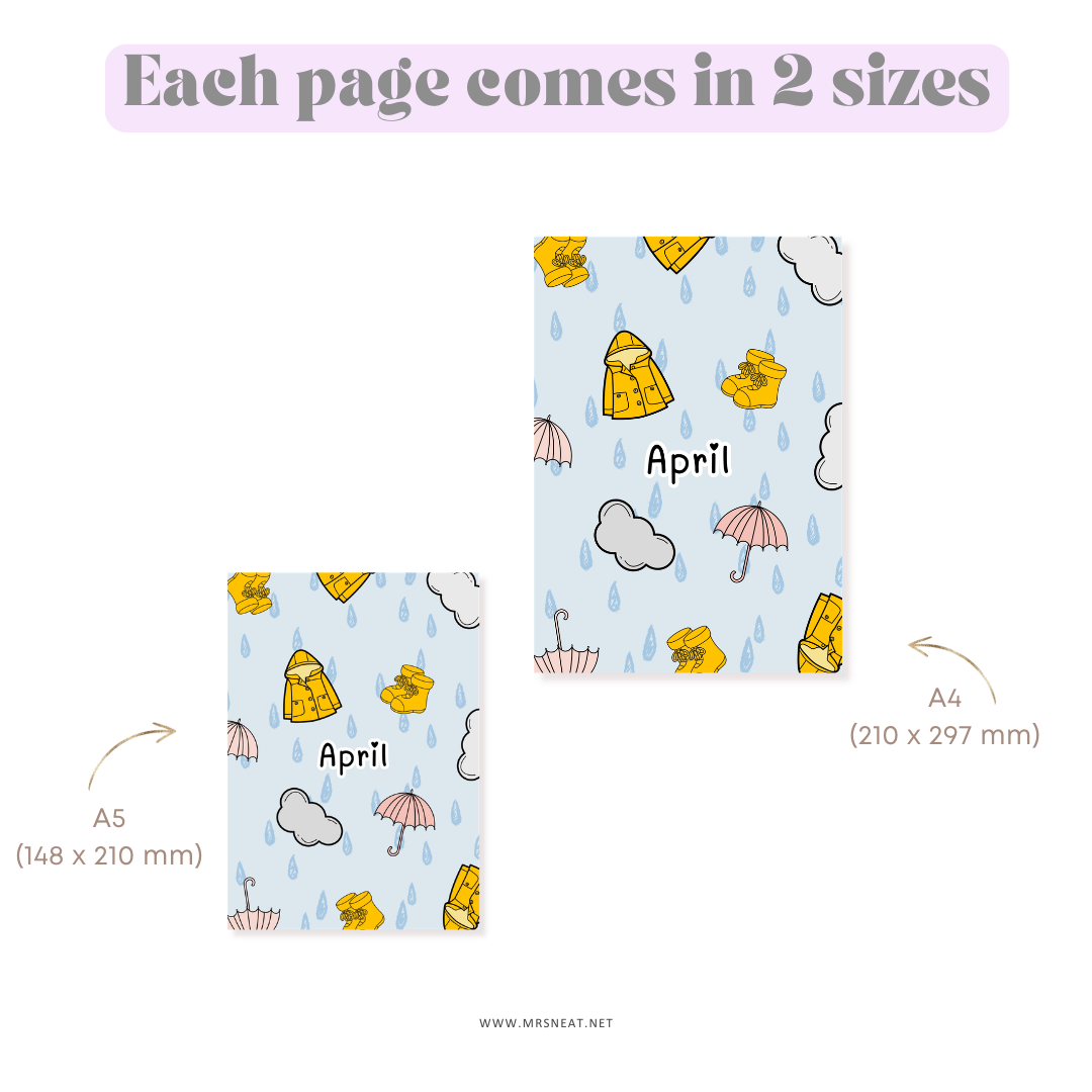 Two sizes of a planner page with April pattern and text indicating size A5 and A4.