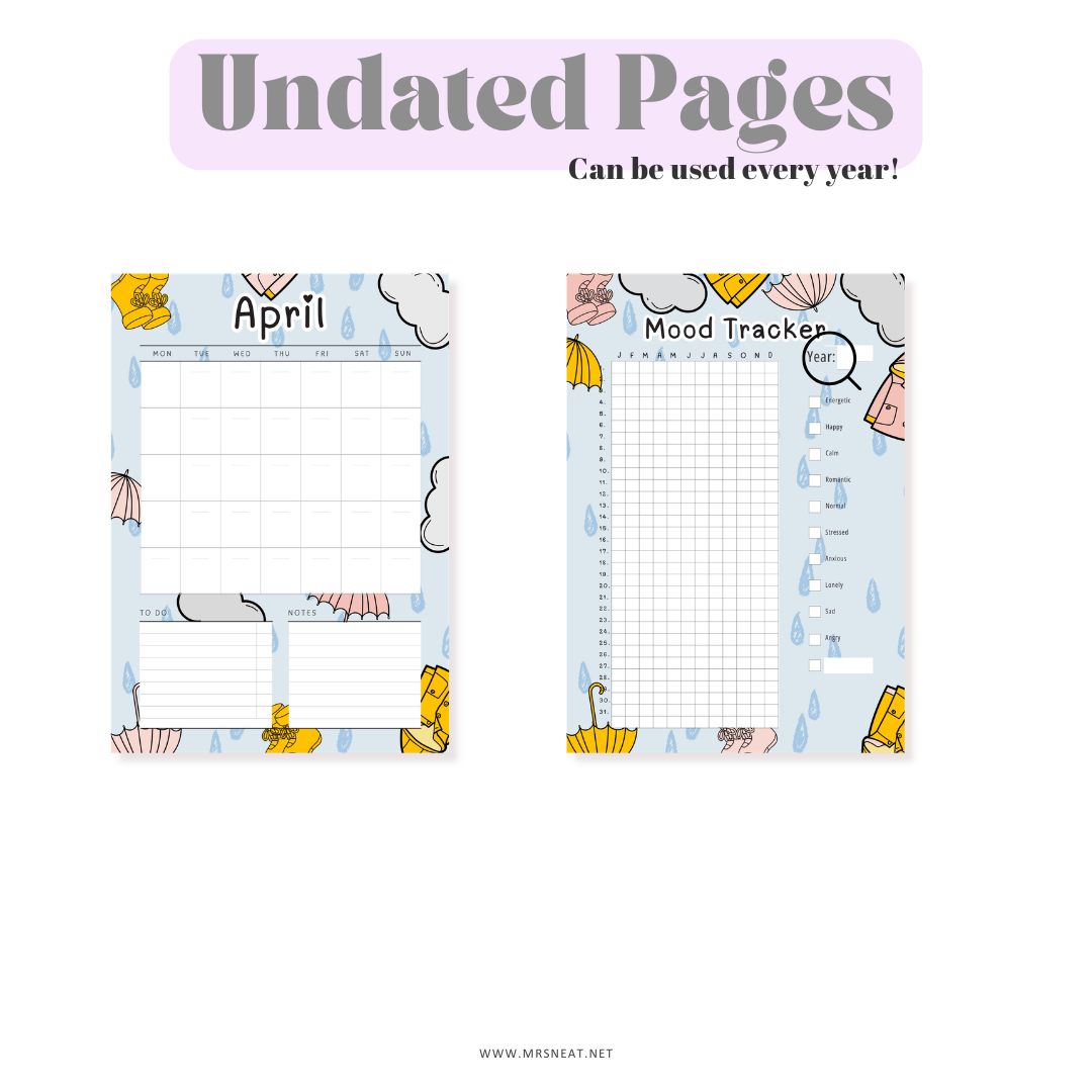 Two planner pages with 'April' layout and mood tracker on a white background.