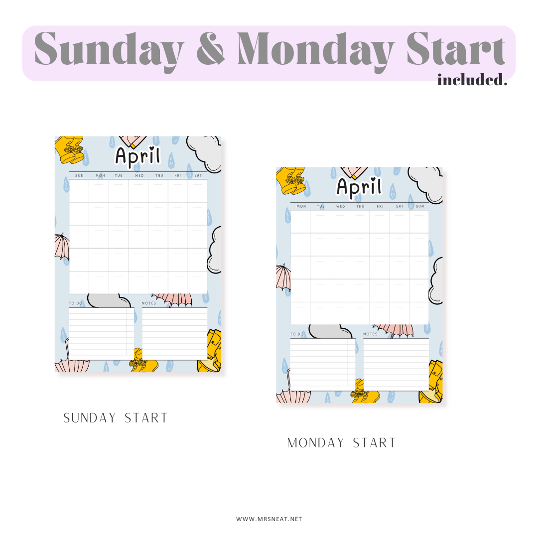 Two calendar designs for April with 'Sunday & Monday Start' text on a white background.