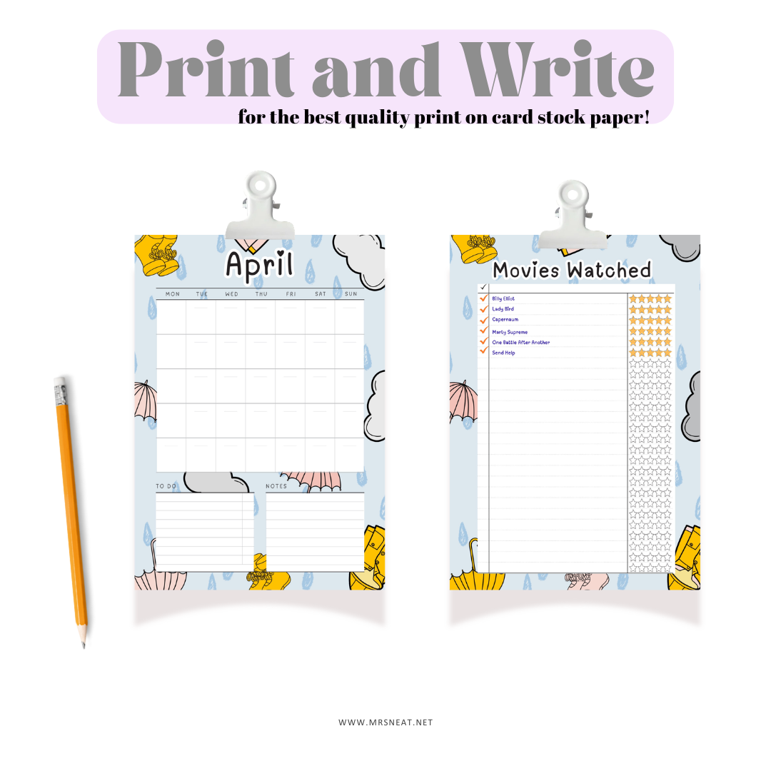Two planner pages with 'April' and 'Movies Watched' sections, pinned to a board with a pencil on a white background.