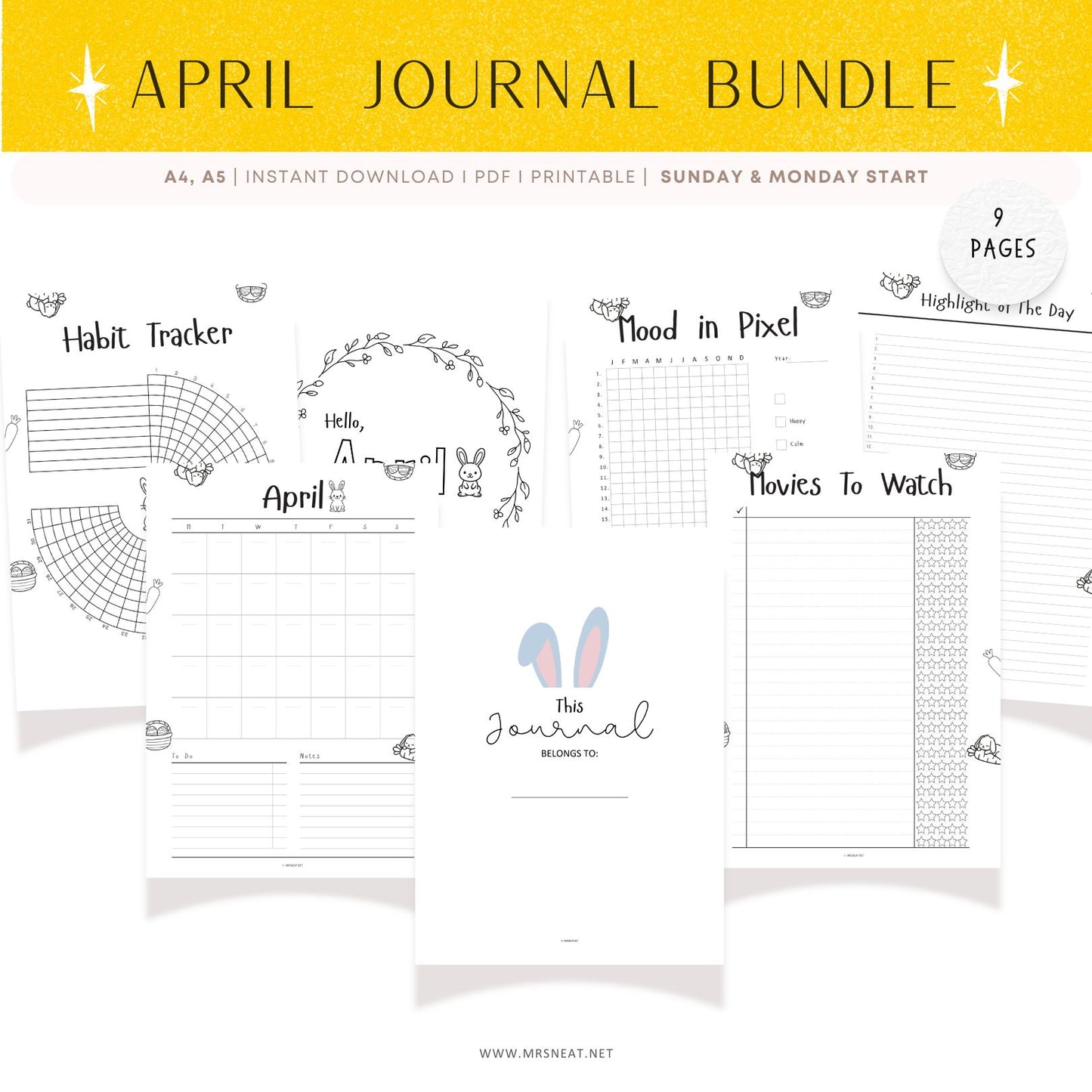April Journal Bundle with various pages on a white background
