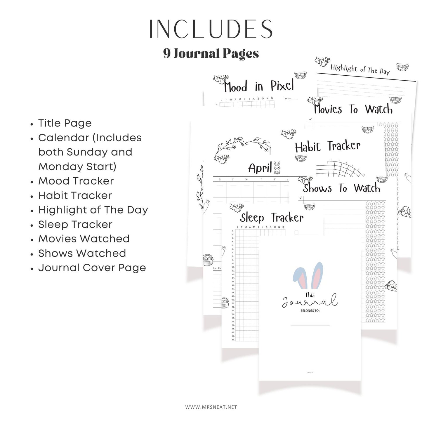 Black and white journal layout with various tracking pages on a white background