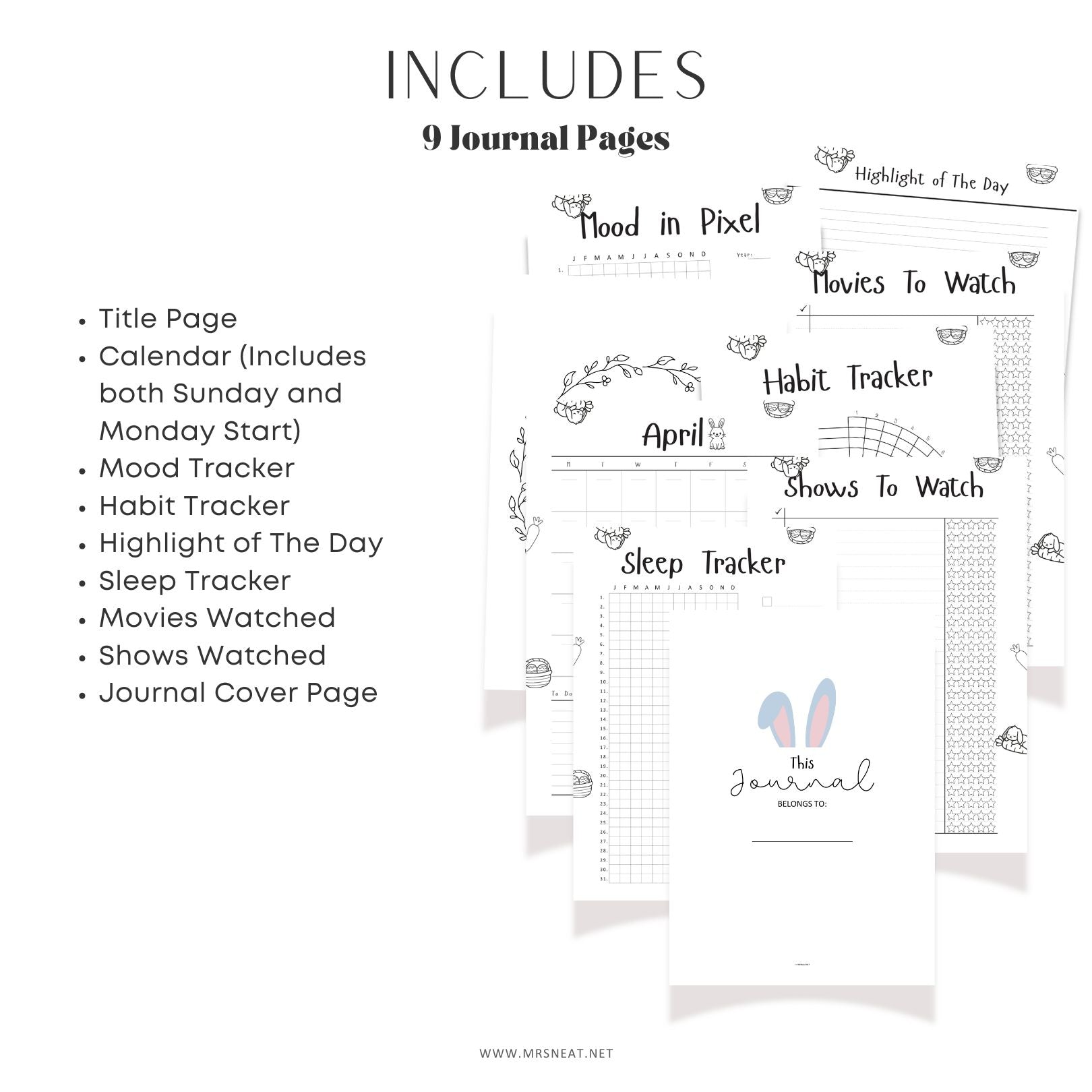 Black and white journal layout with various tracking pages on a white background