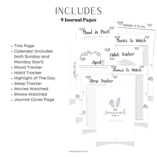 Black and white journal layout with various tracking pages on a white background