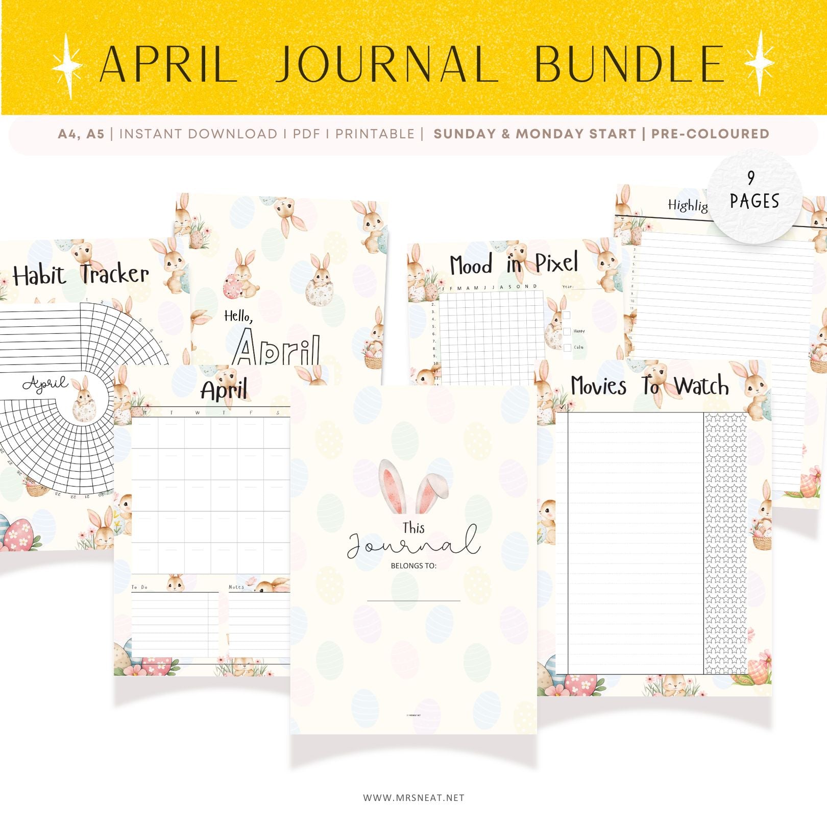 April journal bundle with various pre-colored pages on a white background