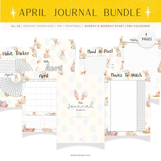 April journal bundle with various pre-colored pages on a white background