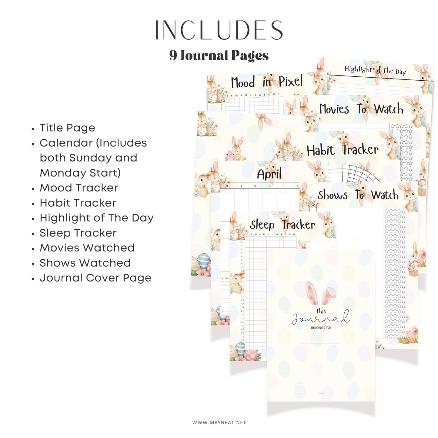 9 journal pages with various trackers and a calendar on a white background