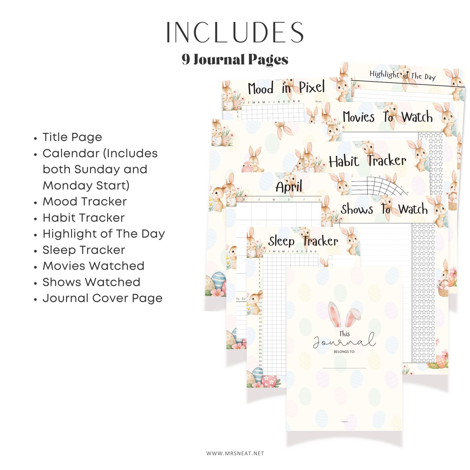 9 journal pages with various trackers and a calendar on a white background