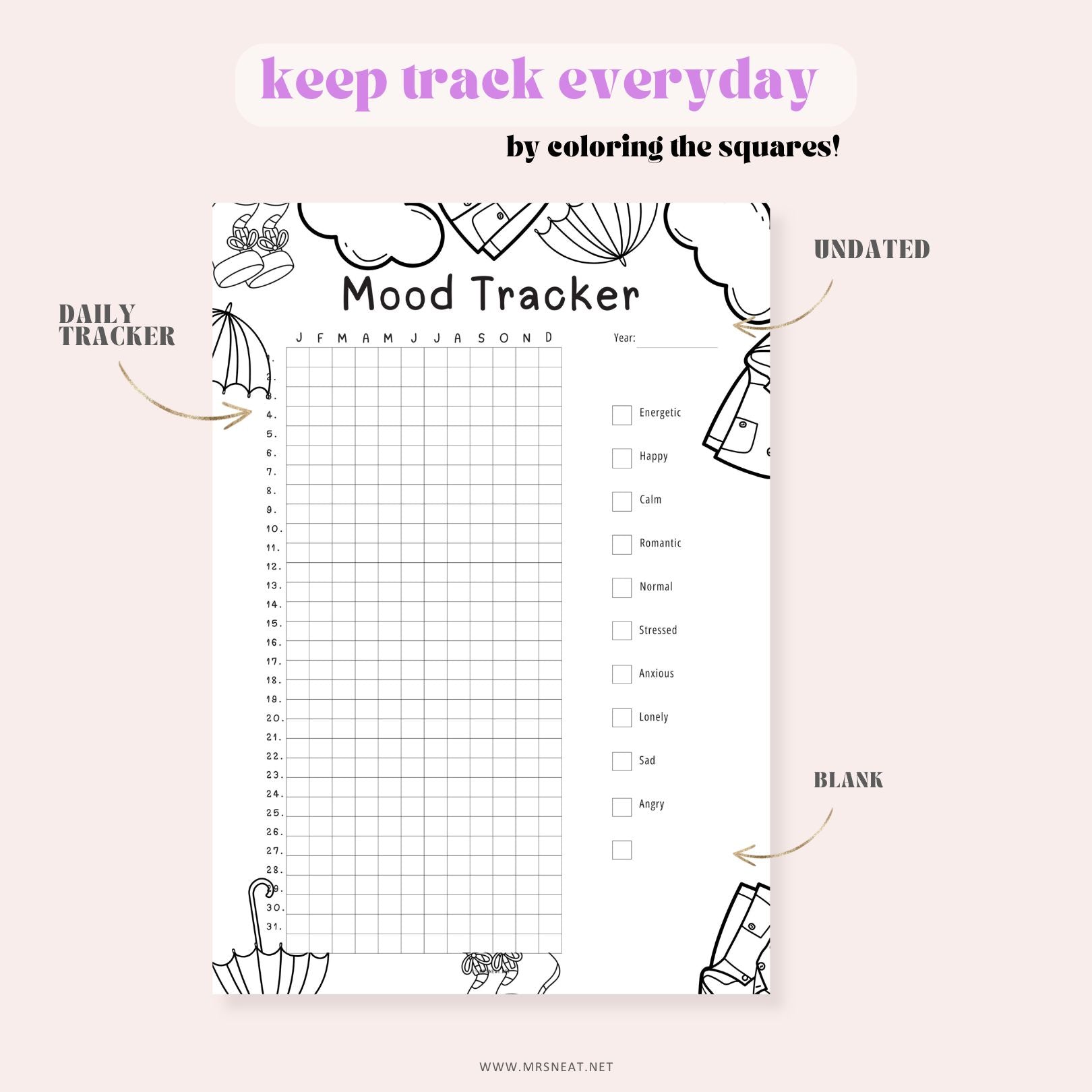 Mood tracker with daily and monthly sections on a light pink background