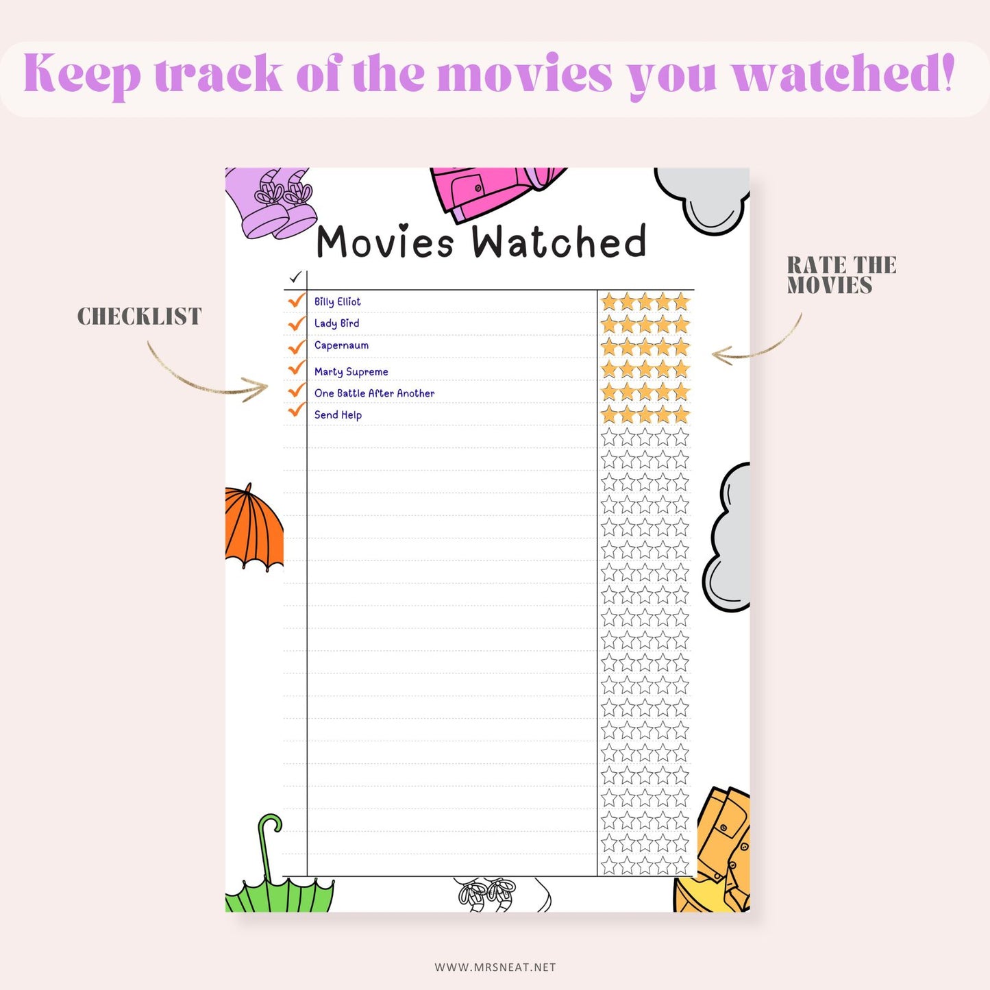 Movies watched checklist with rating scale on a pink background