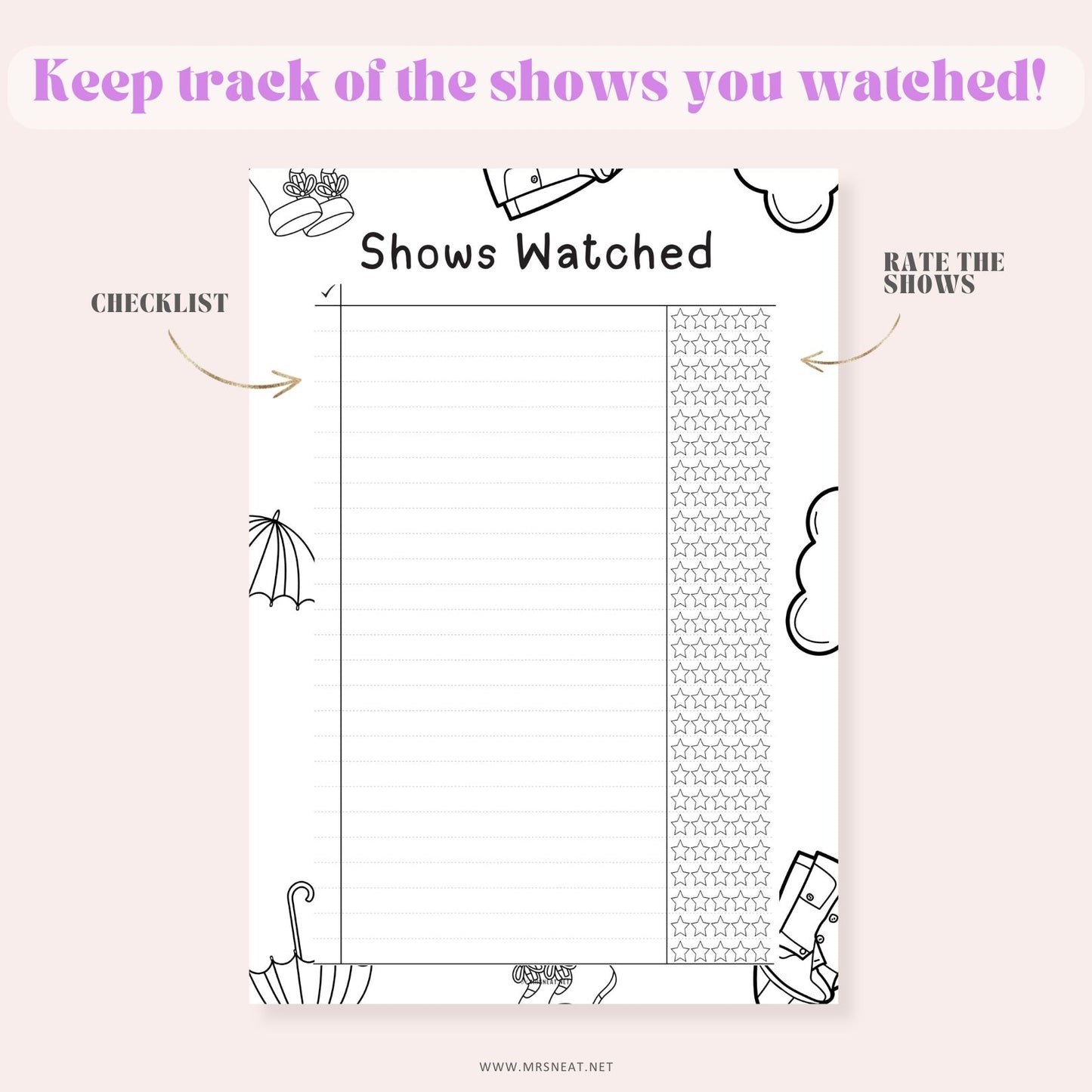 Checklist for tracking shows watched with decorative elements on a light pink background