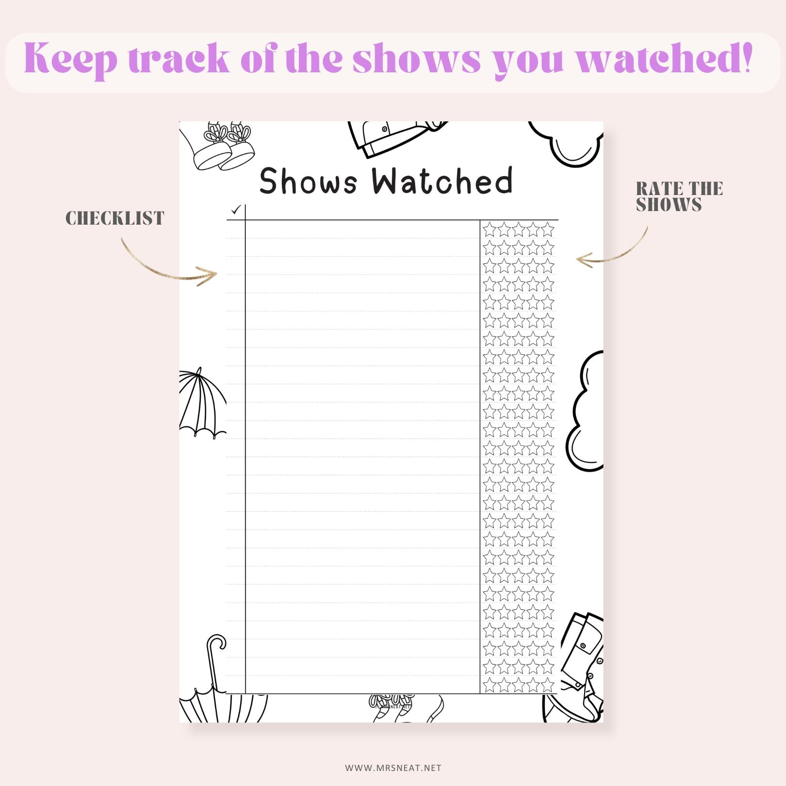 Checklist for tracking shows watched with decorative elements on a light pink background