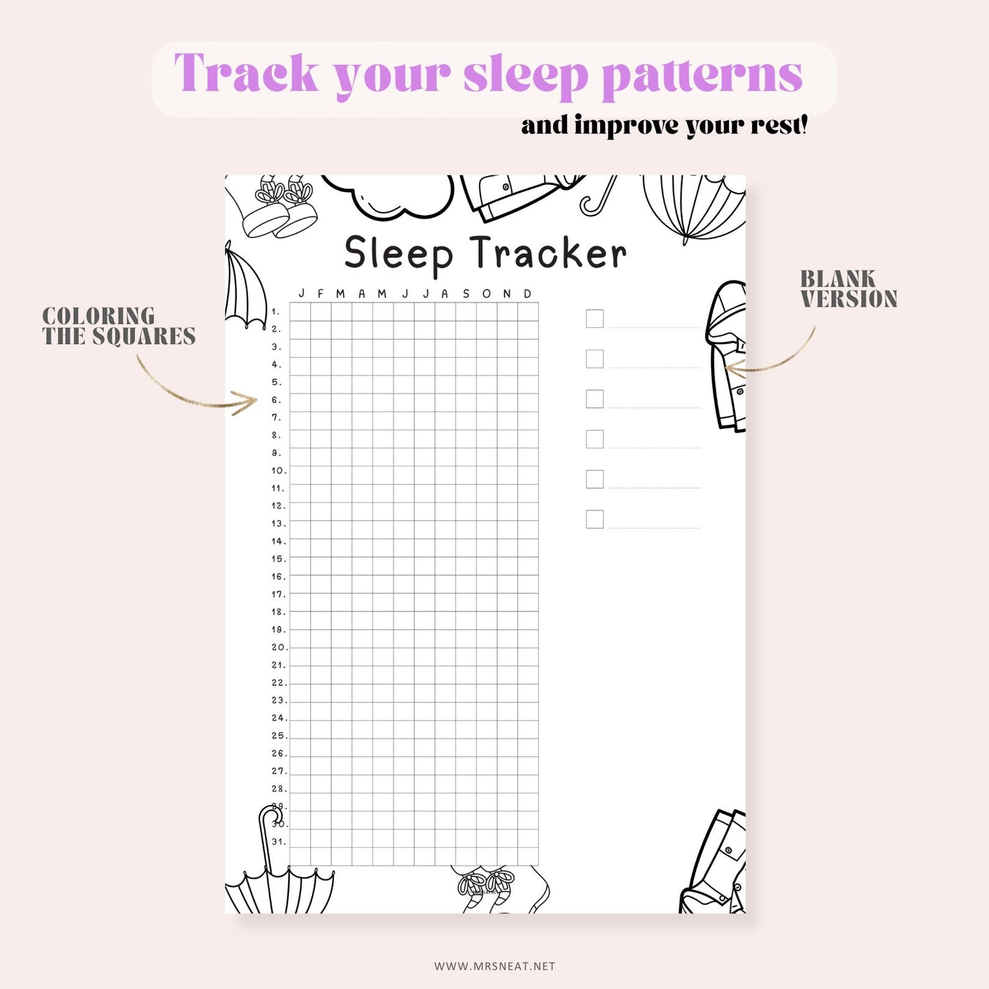 Sleep tracker with illustrations on a light pink background
