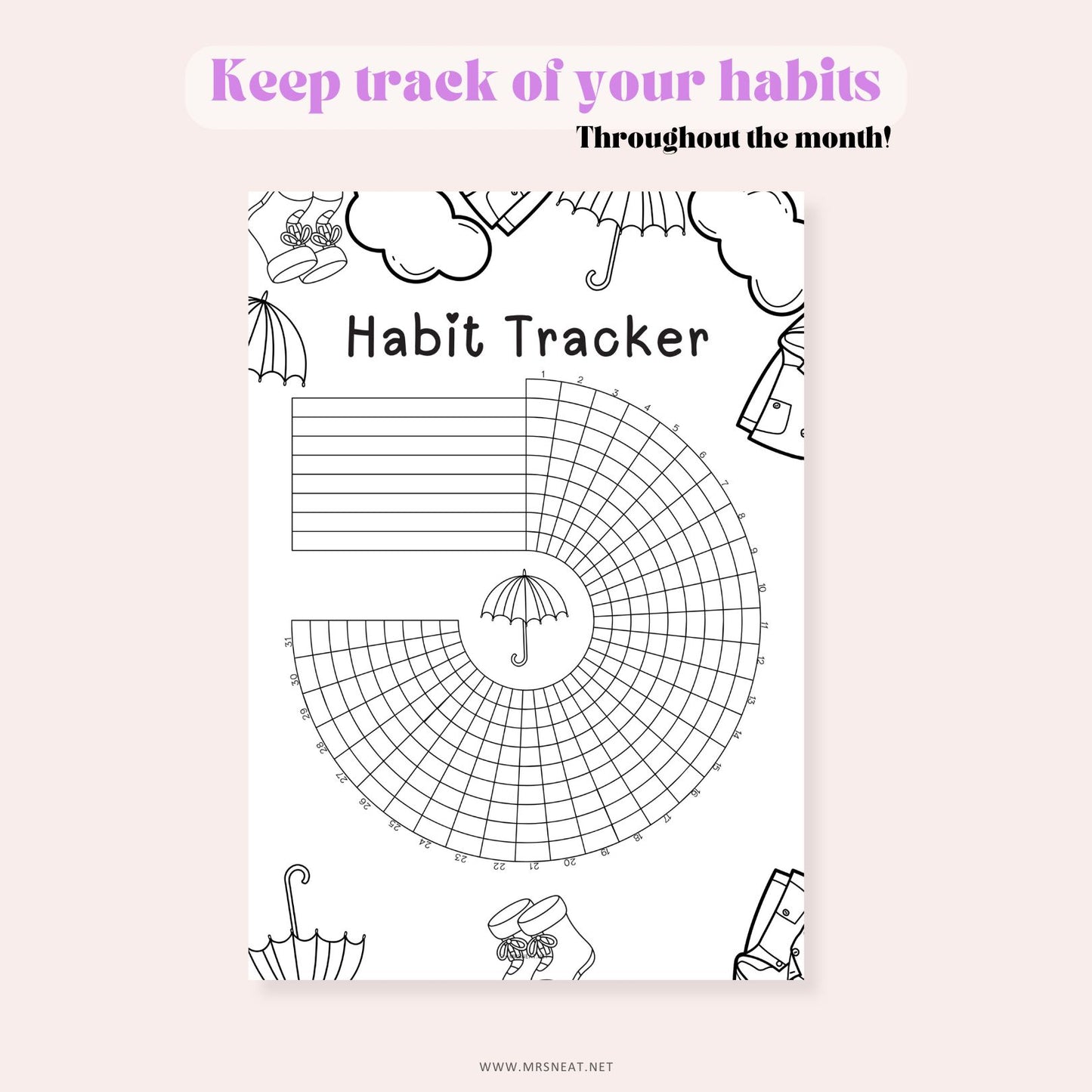 Habit tracker with decorative elements on a light pink background