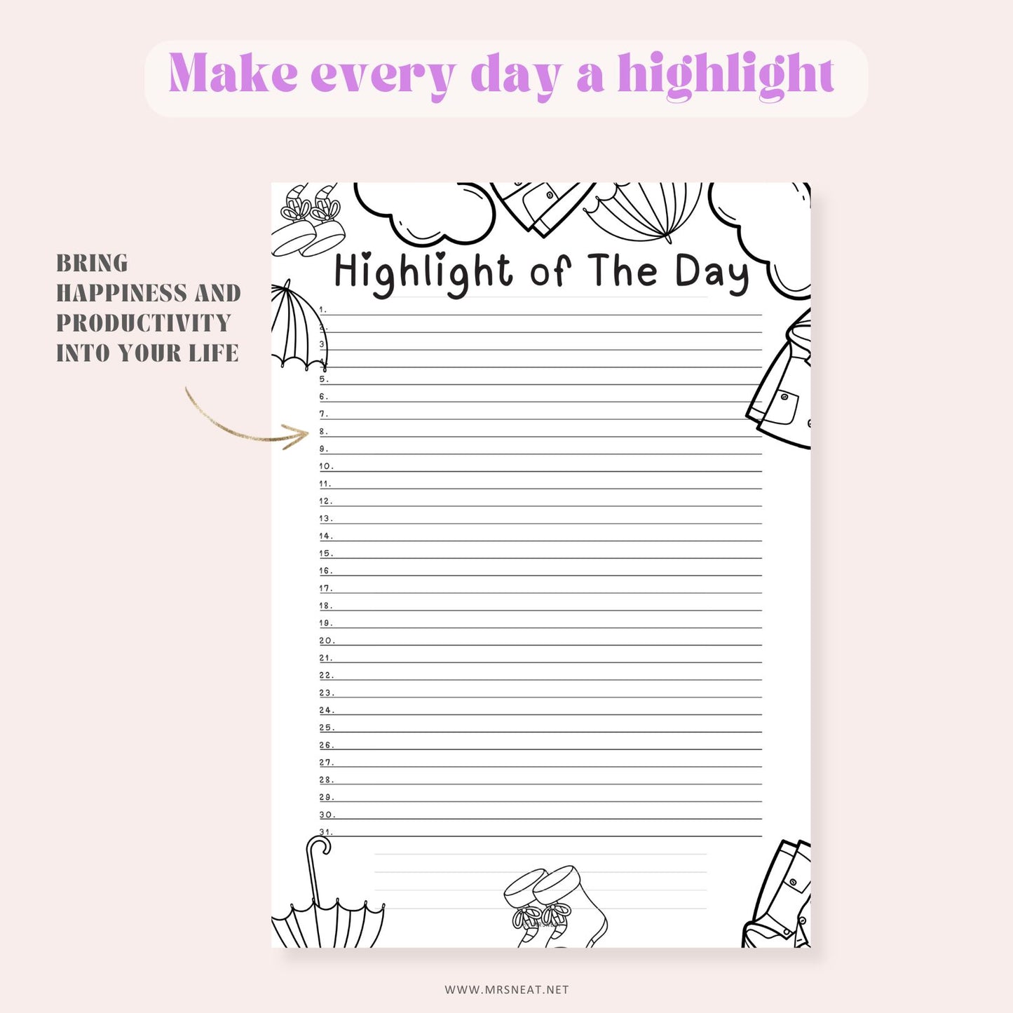 Notebook page titled 'Highlight of the Day' with decorative elements on a light pink background.