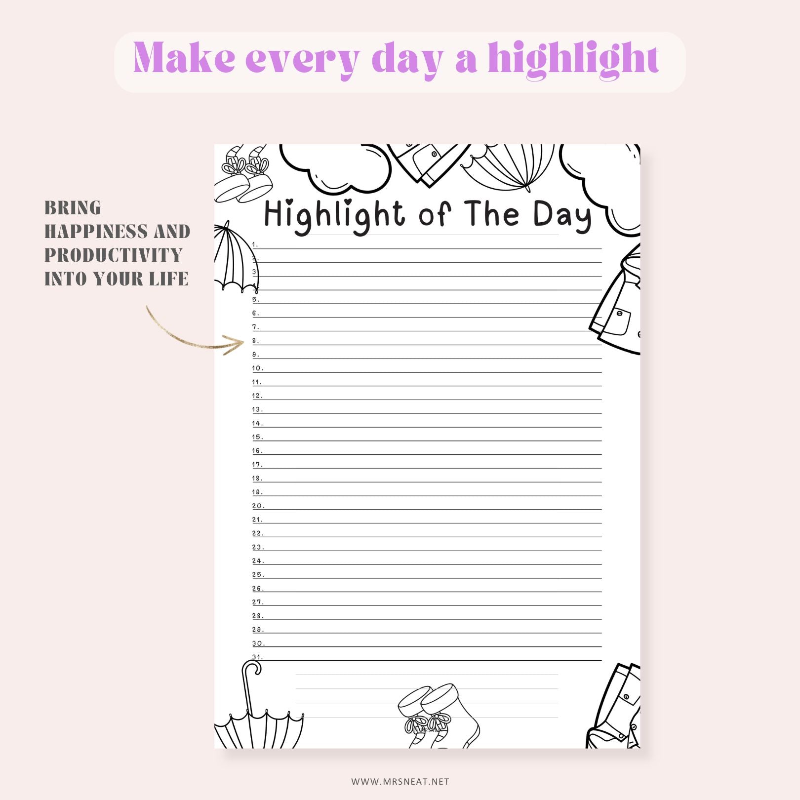 Notebook page titled 'Highlight of the Day' with decorative elements on a light pink background.