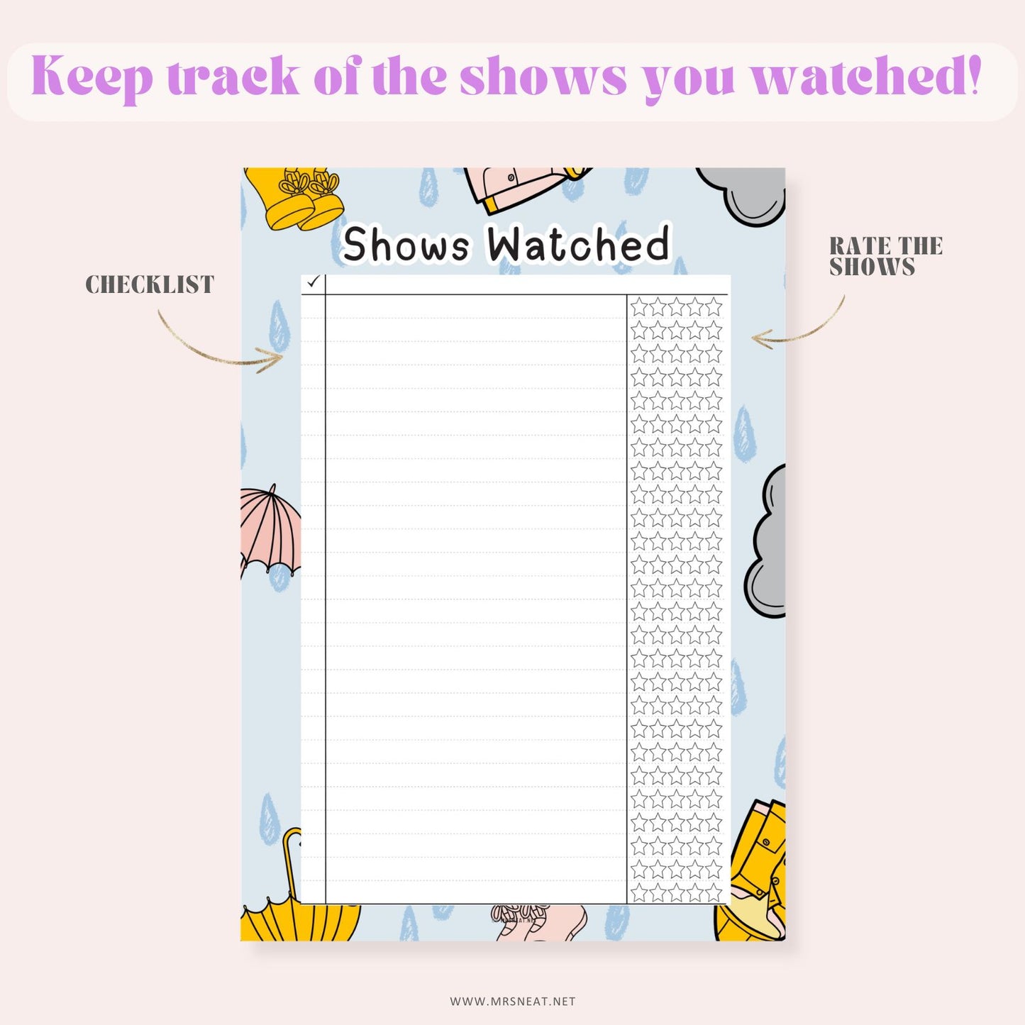 Checklist for tracking shows watched with decorative elements on a light blue background.