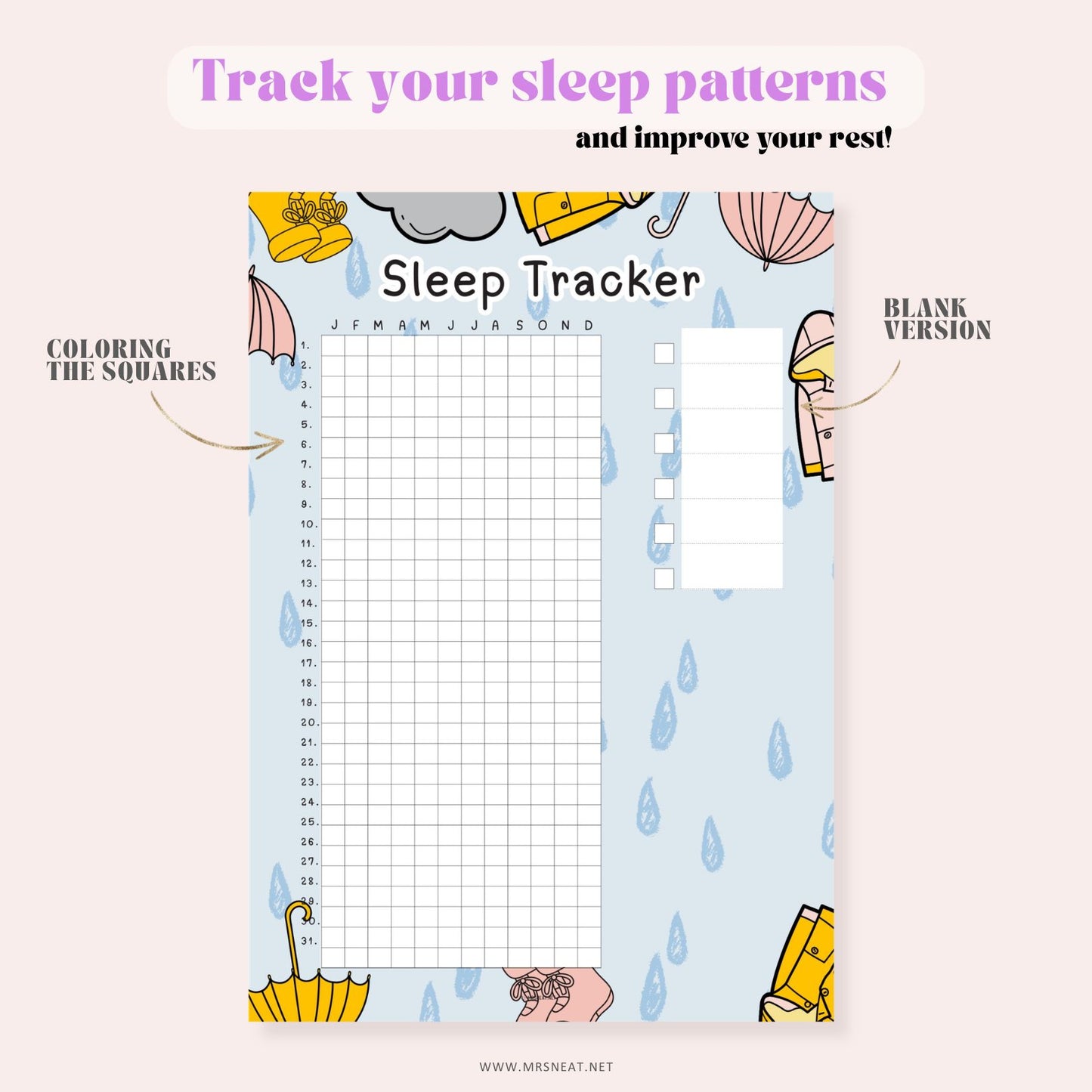 Sleep tracker with cartoon characters and text on a light blue background