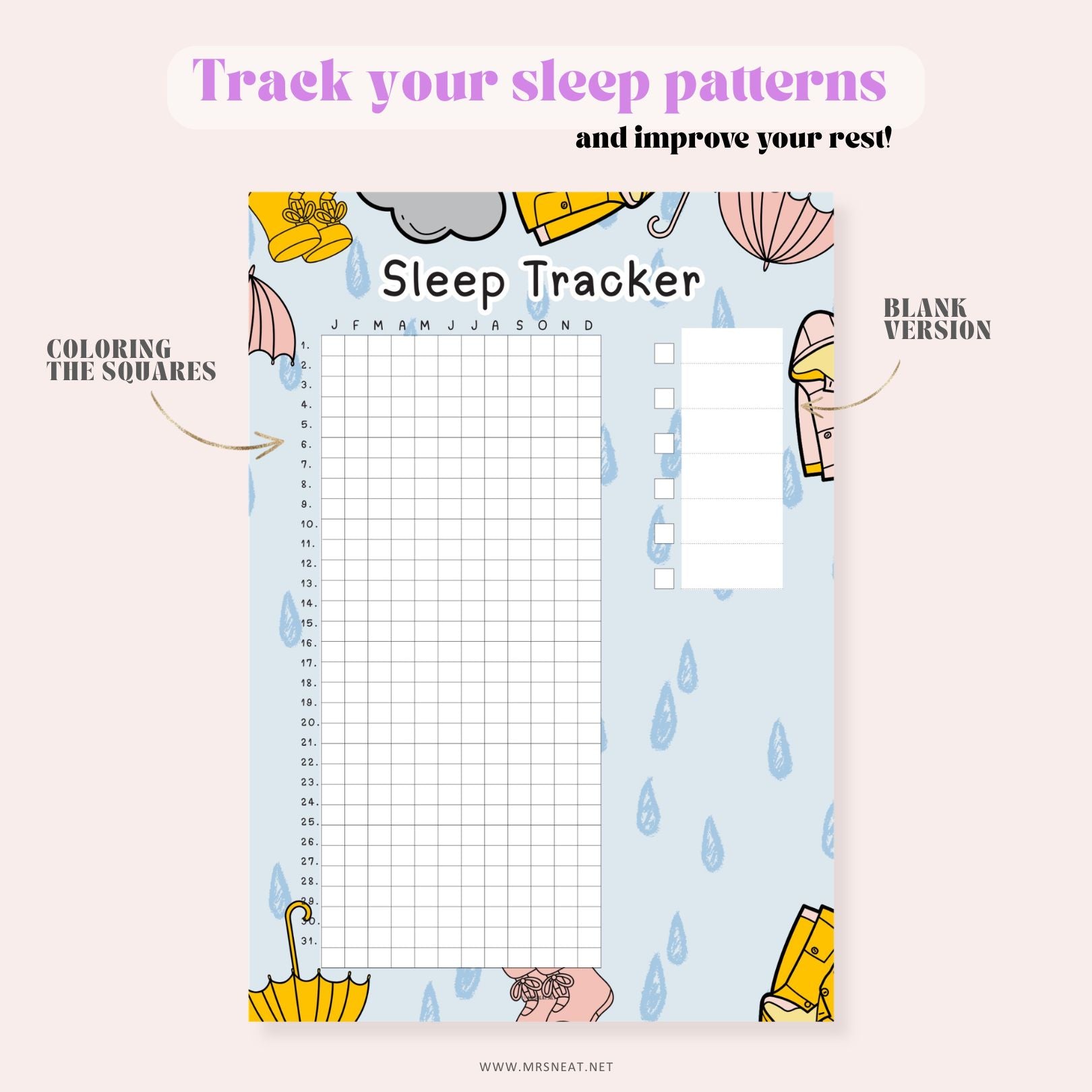Sleep tracker with cartoon characters and text on a light blue background