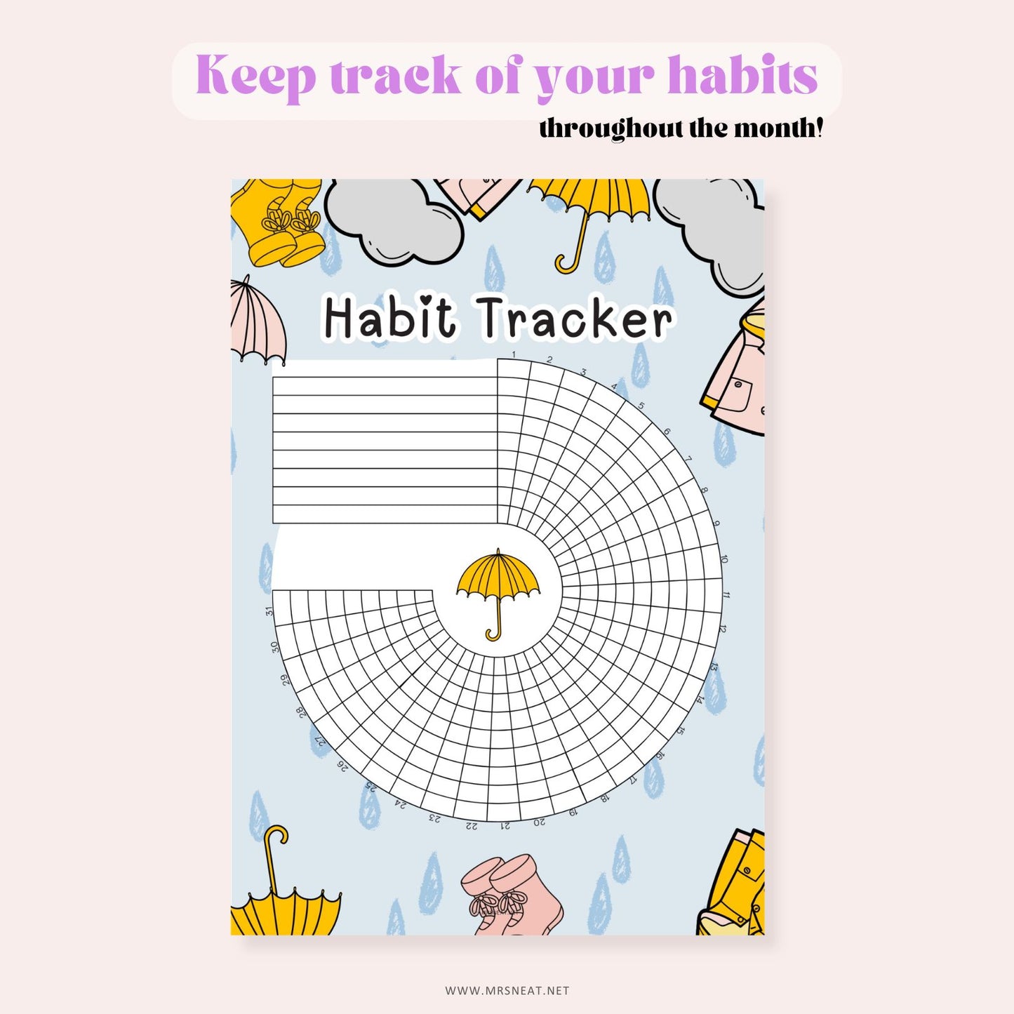 Habit tracker with umbrella design and text on a light blue background