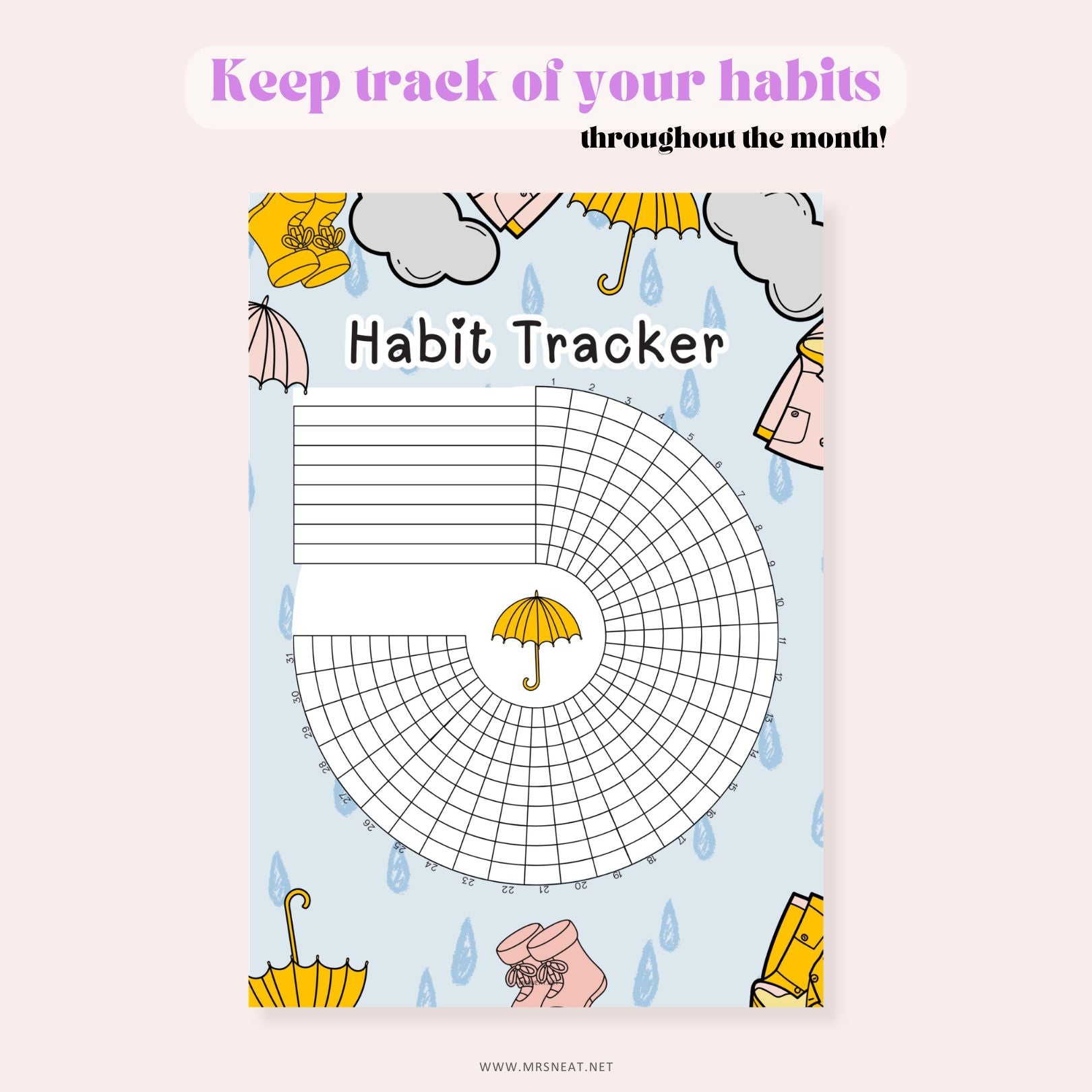 Habit tracker with umbrella design and text on a light blue background