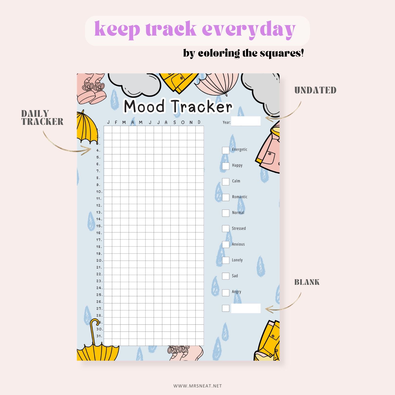 Mood tracker with cartoon elements and text 'keep track everyday by coloring the squares!'.