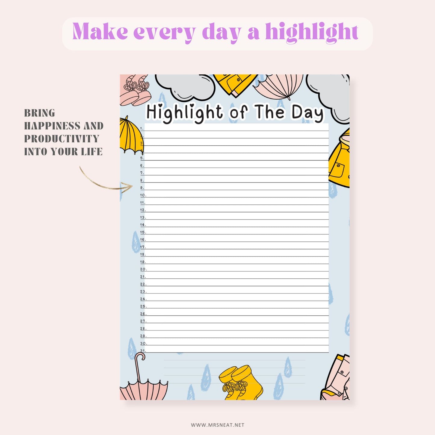 Notebook page with 'Highlight of the Day' heading and colorful border on a light pink background.