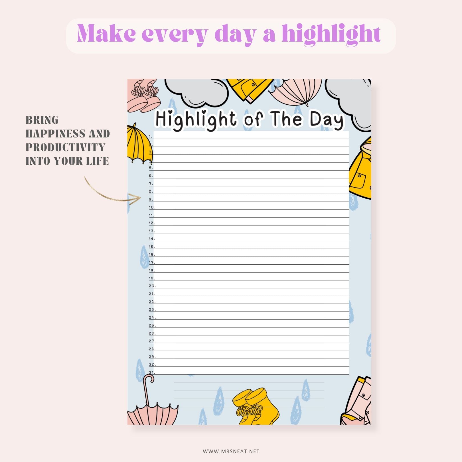 Notebook page with 'Highlight of the Day' heading and colorful border on a light pink background.
