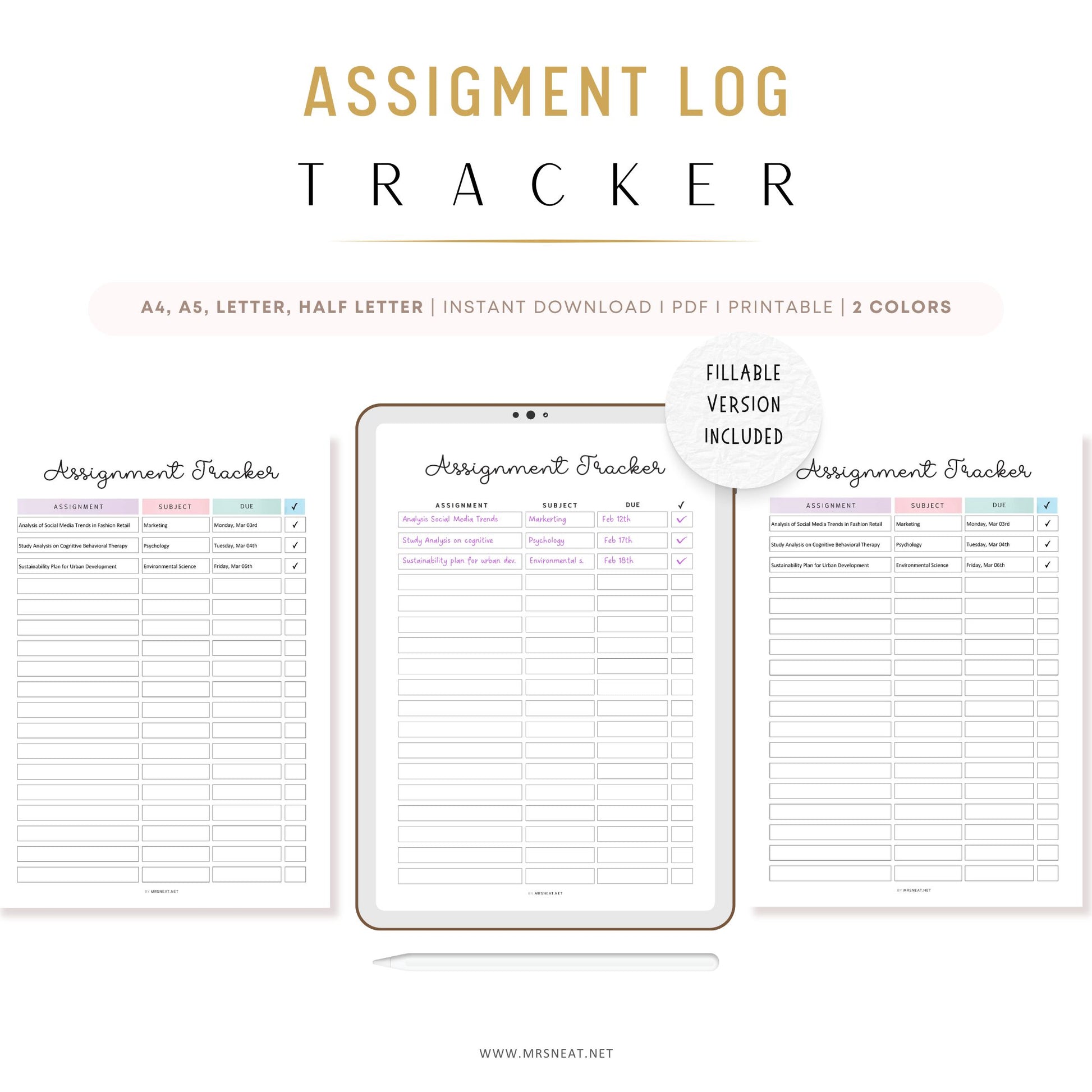 Assignment Tracker, PRINTABLE Journal Page, Student Journal, Student Planner, Student Agenda,  Assignment Log, Task Log, Planner Page, PDF Fillable, A4, A5, Letter, Half Letter, 2 Colors