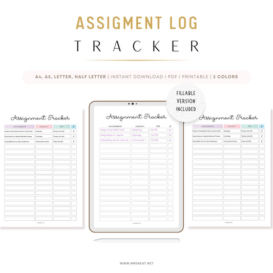 Assignment Tracker, PRINTABLE Journal Page, Student Journal, Student Planner, Student Agenda,  Assignment Log, Task Log, Planner Page, PDF Fillable, A4, A5, Letter, Half Letter, 2 Colors