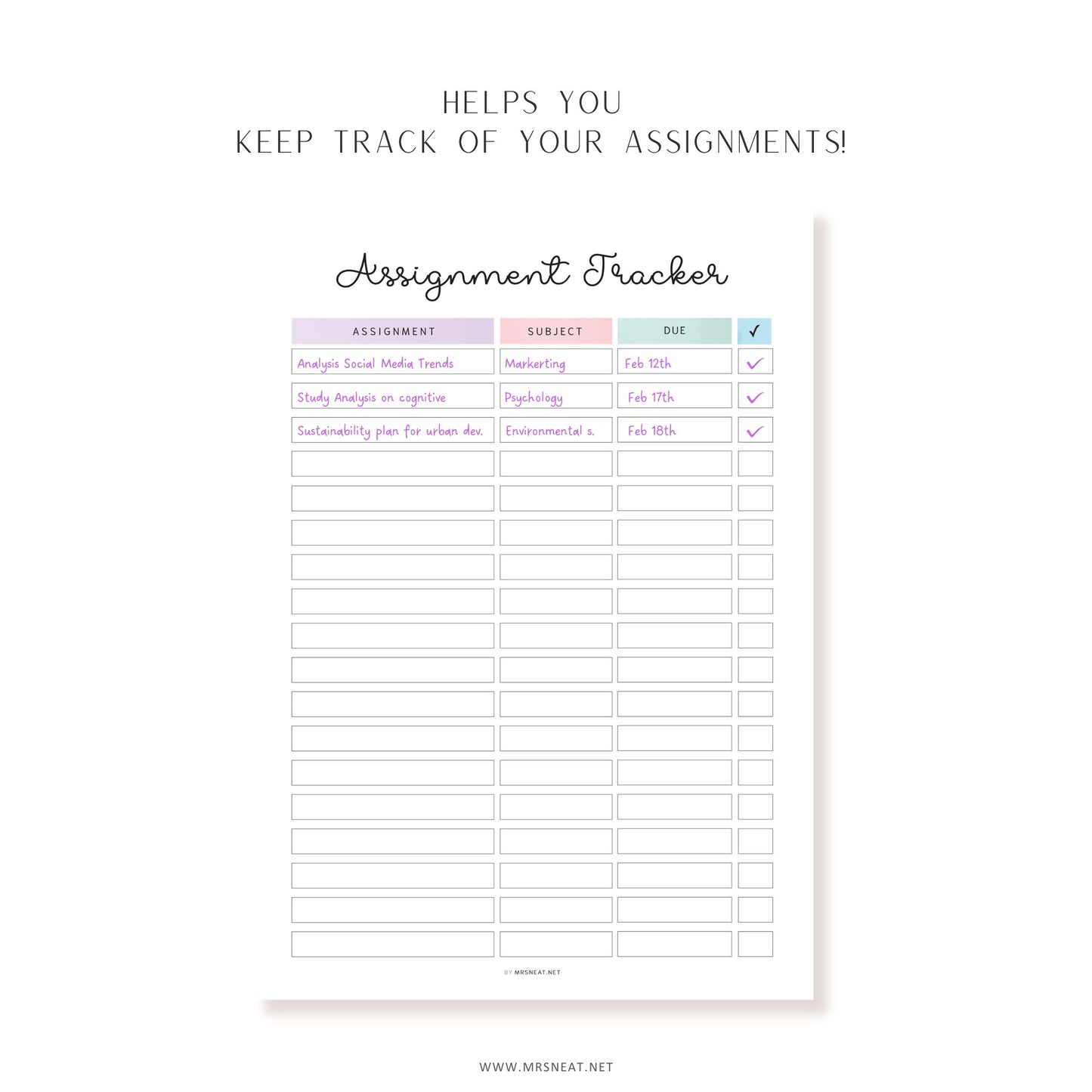 Assignment Tracker, PRINTABLE Journal Page, Student Journal, Student Planner, Student Agenda,  Assignment Log, Task Log, Planner Page, PDF Fillable, A4, A5, Letter, Half Letter, 2 Colors