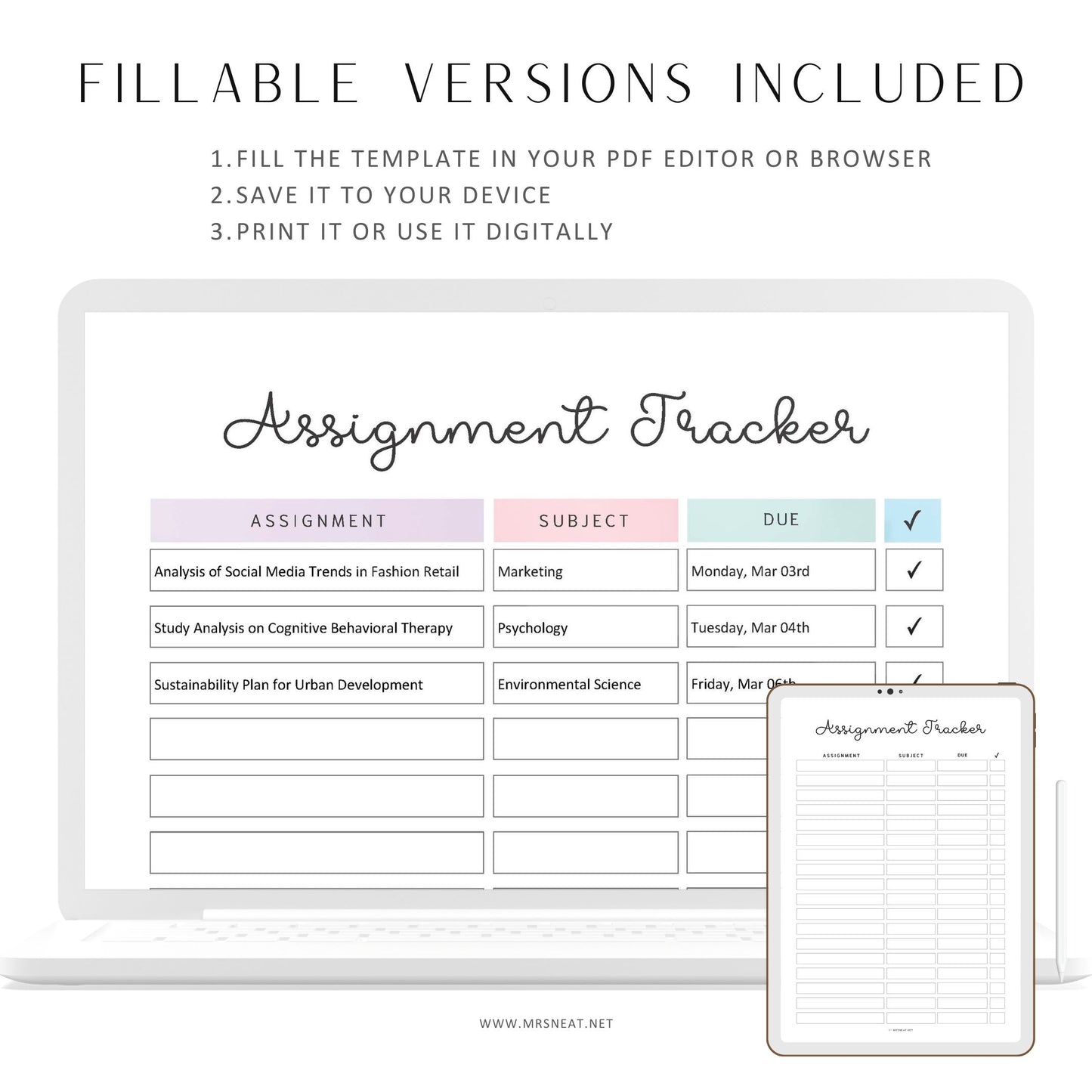 Assignment Tracker, PRINTABLE Journal Page, Student Journal, Student Planner, Student Agenda,  Assignment Log, Task Log, Planner Page, PDF Fillable, A4, A5, Letter, Half Letter, 2 Colors