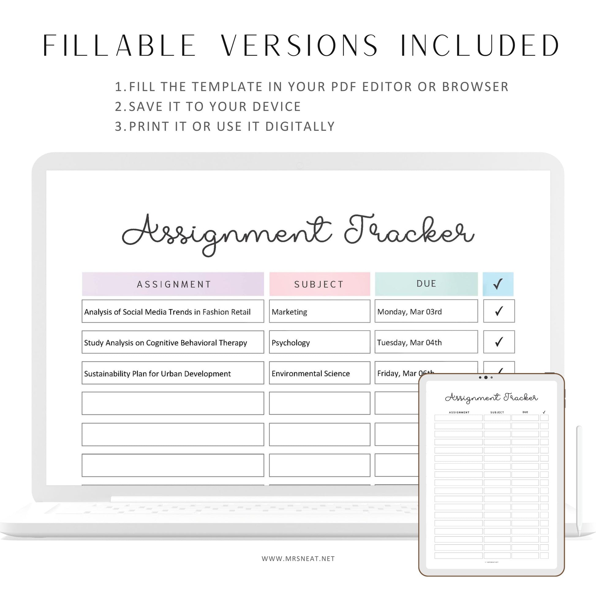 Assignment Tracker, PRINTABLE Journal Page, Student Journal, Student Planner, Student Agenda,  Assignment Log, Task Log, Planner Page, PDF Fillable, A4, A5, Letter, Half Letter, 2 Colors