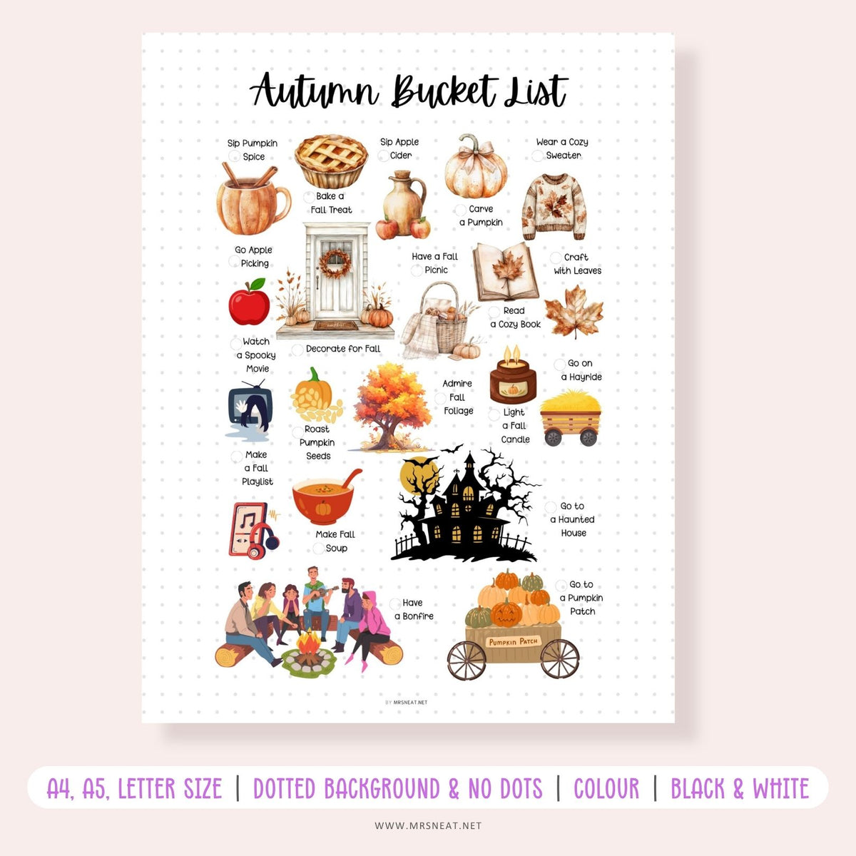 Printable autumn bucket list with cozy seasonal activities and checklist