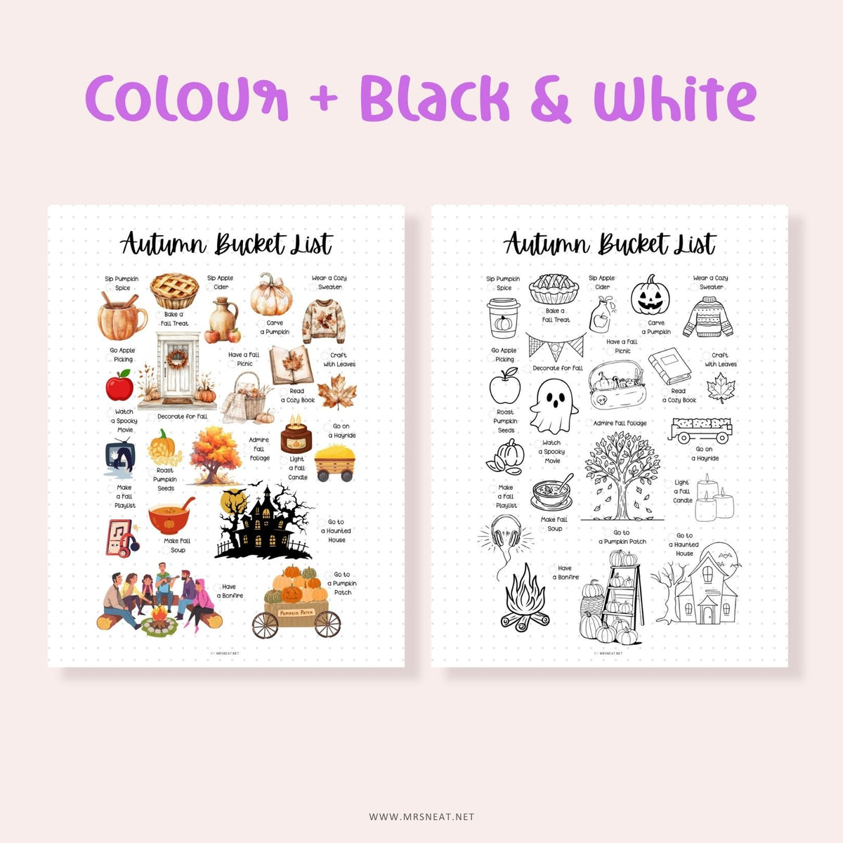 Color and black and white autumn bucket list printable options