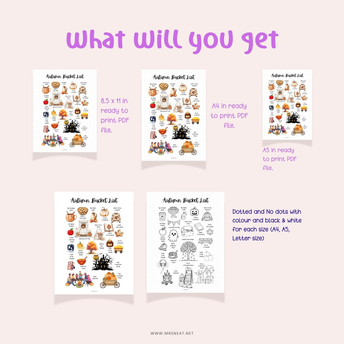 Printable autumn activities checklist in A4, A5, and US Letter sizes