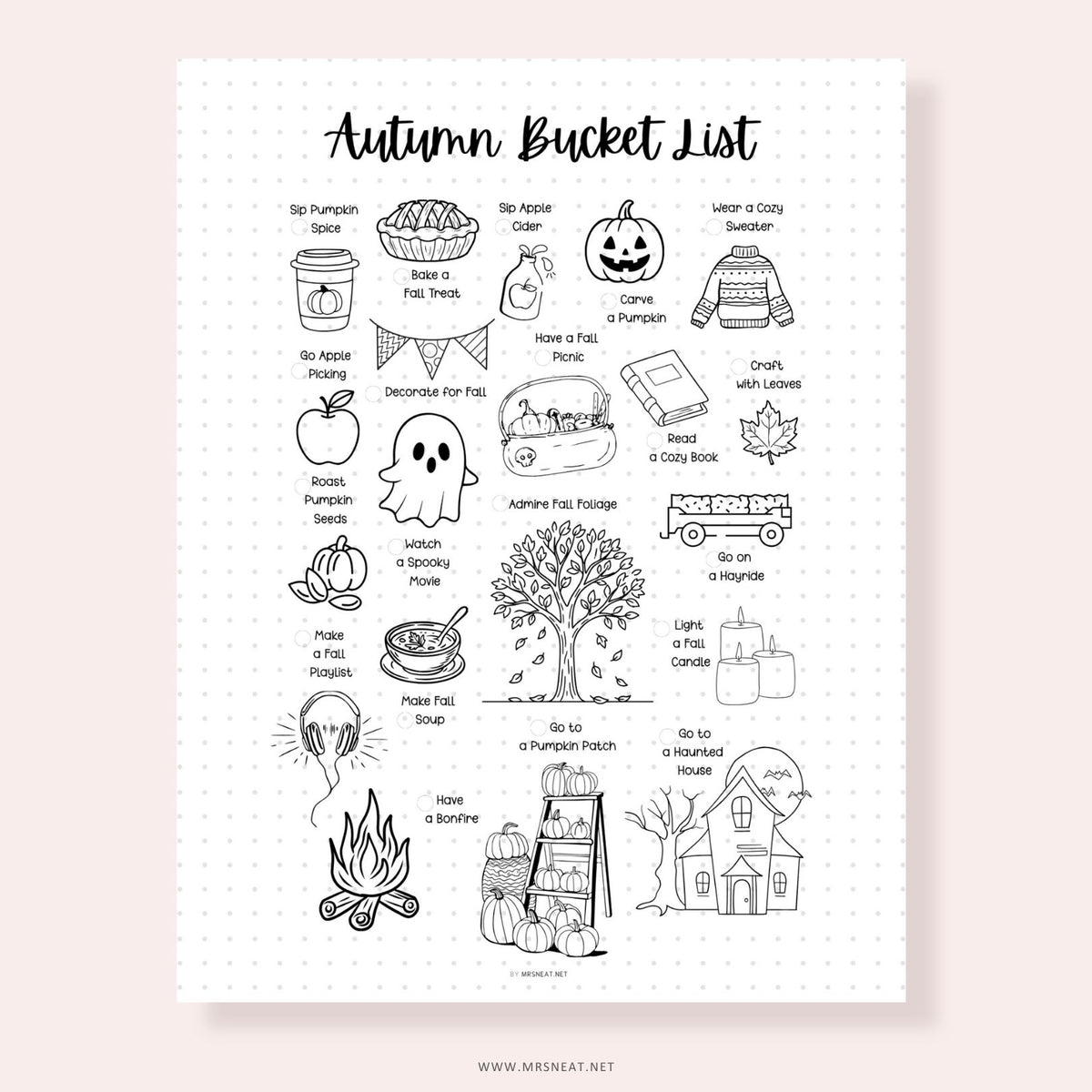 Autumn bucket list printable featuring fall activities and cozy illustrations