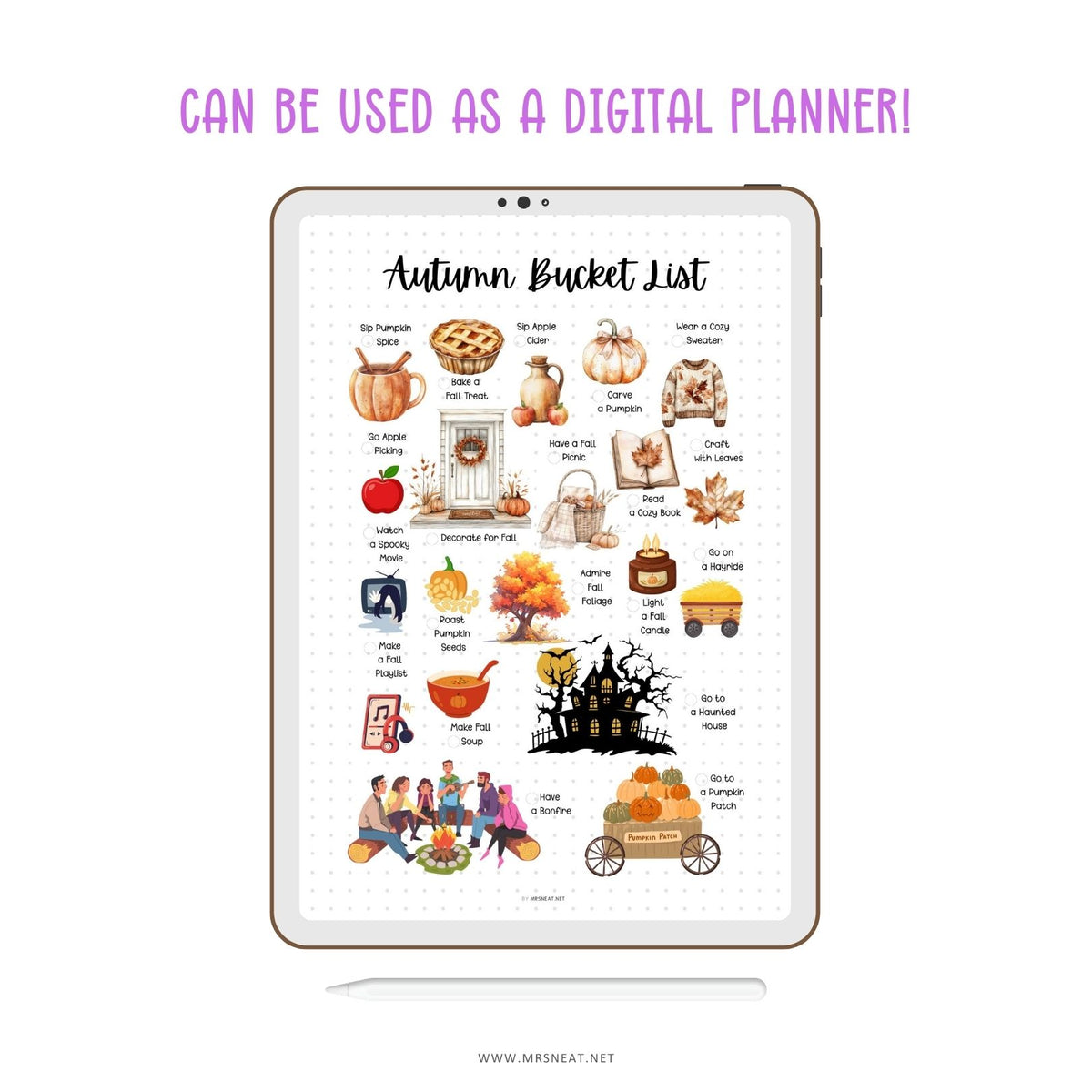 Autumn activities bucket list for printing or using as a digital planner