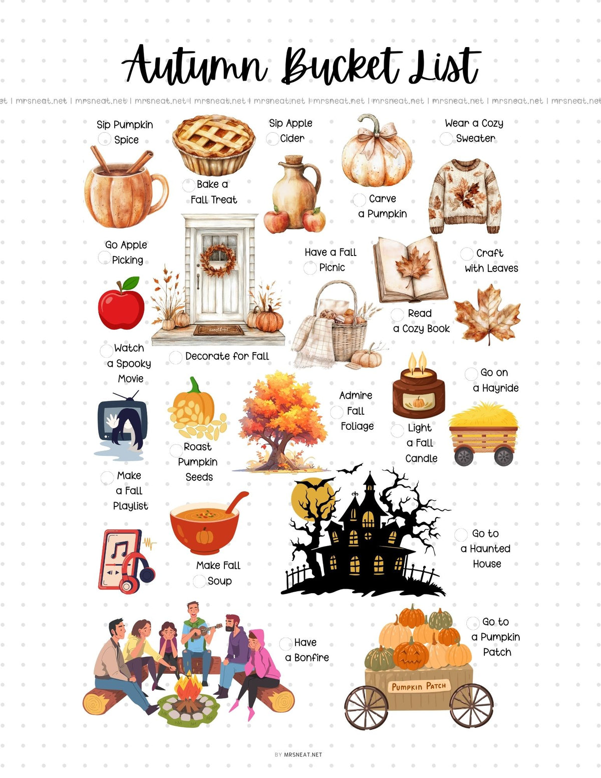 An autumn-themed 'Autumn Bucket List' printable poster featuring illustrated seasonal activities such as carving a pumpkin, baking a fall treat, watching a spooky show, and making a pumpkin pie, with labels and small illustrations on a white background | mrsneat.net