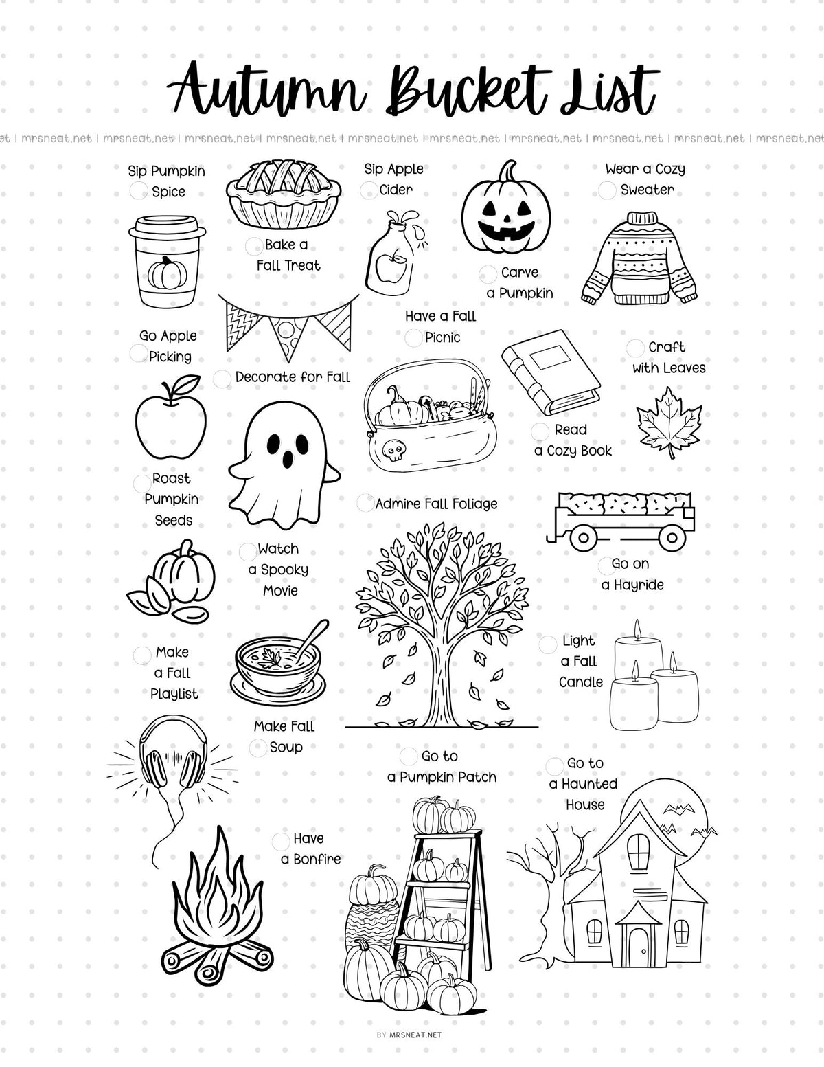 A black and white printable 'Autumn Bucket List' worksheet featuring illustrated seasonal activities such as pumpkin carving, autumn foliage, camping, and cozy fall tasks, with blank lines for writing | mrsneat.net