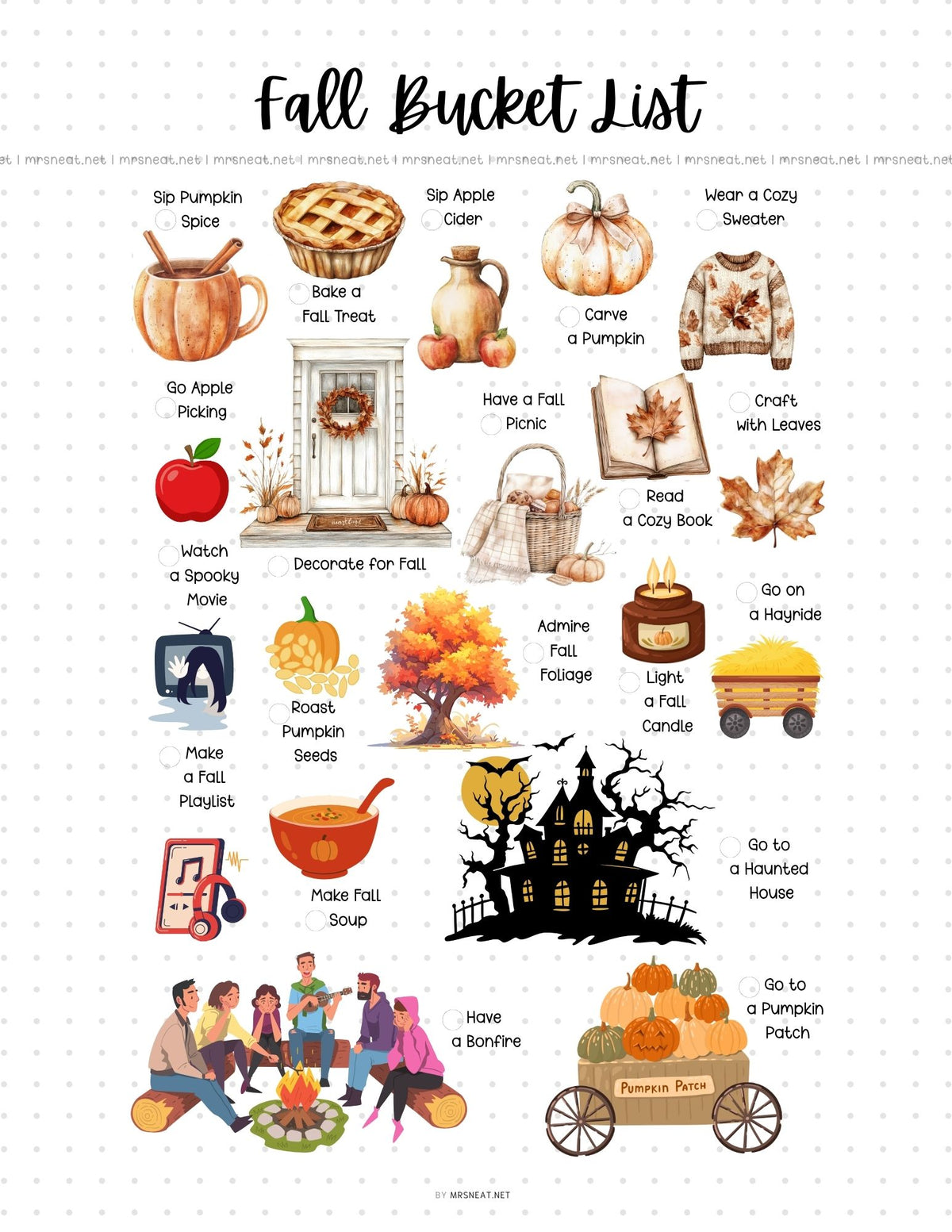 An illustrated 'Fall Bucket List' printable poster with labeled autumn activities such as sip pumpkin spice, bake a fall treat, carve a pumpkin, watch a spooky show, decorate a fall porch, make fall soup, and go to a haunted house, shown on a white background with a faint grid | mrsneat.net