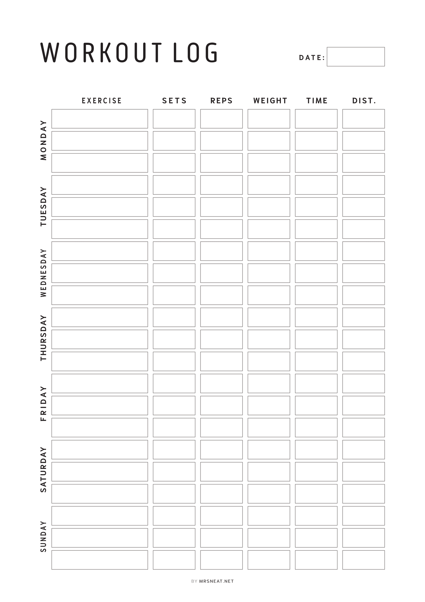 Minimalist Editable Weekly Workout Log Printable PDF