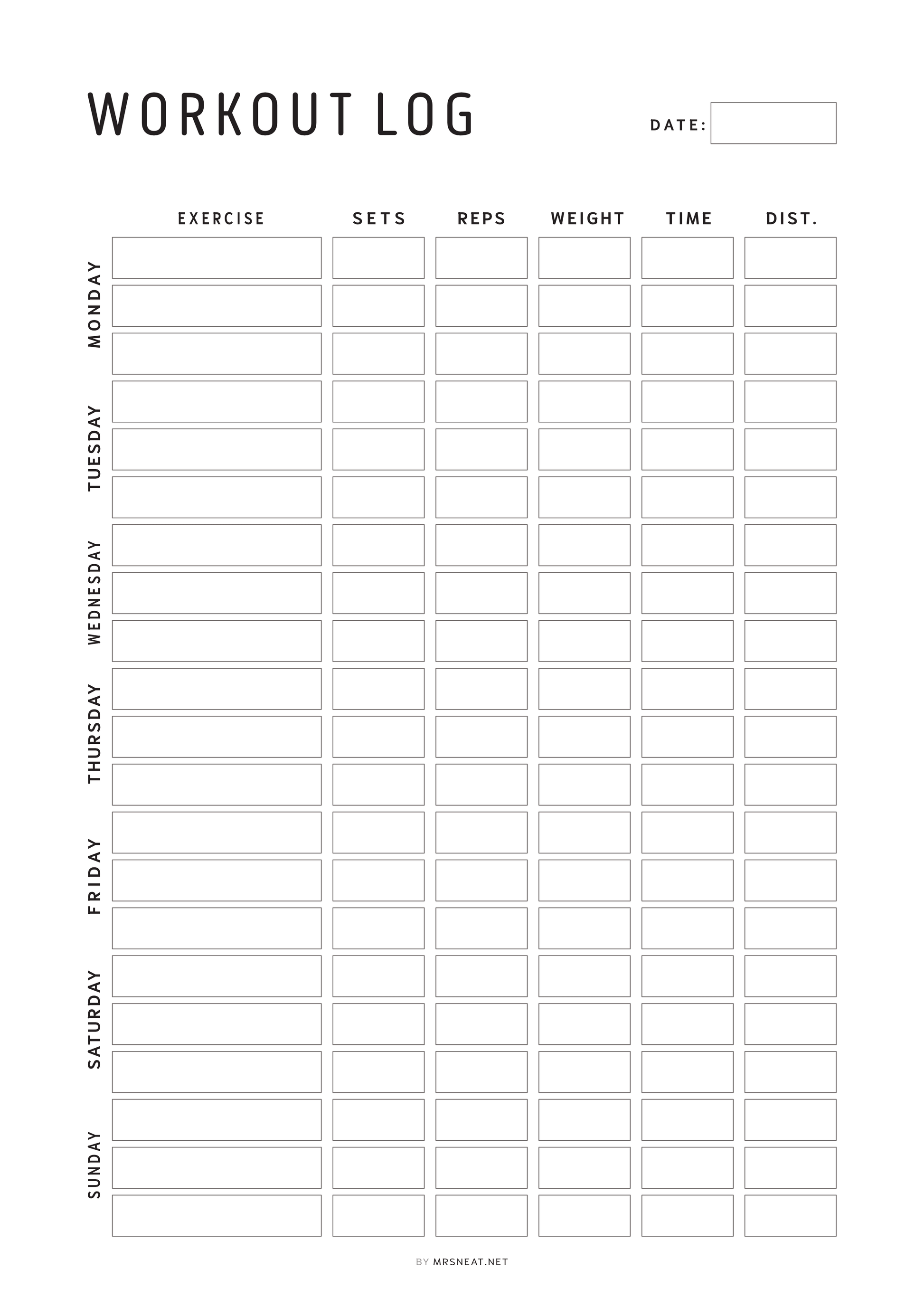 Minimalist Editable Weekly Workout Log Printable PDF