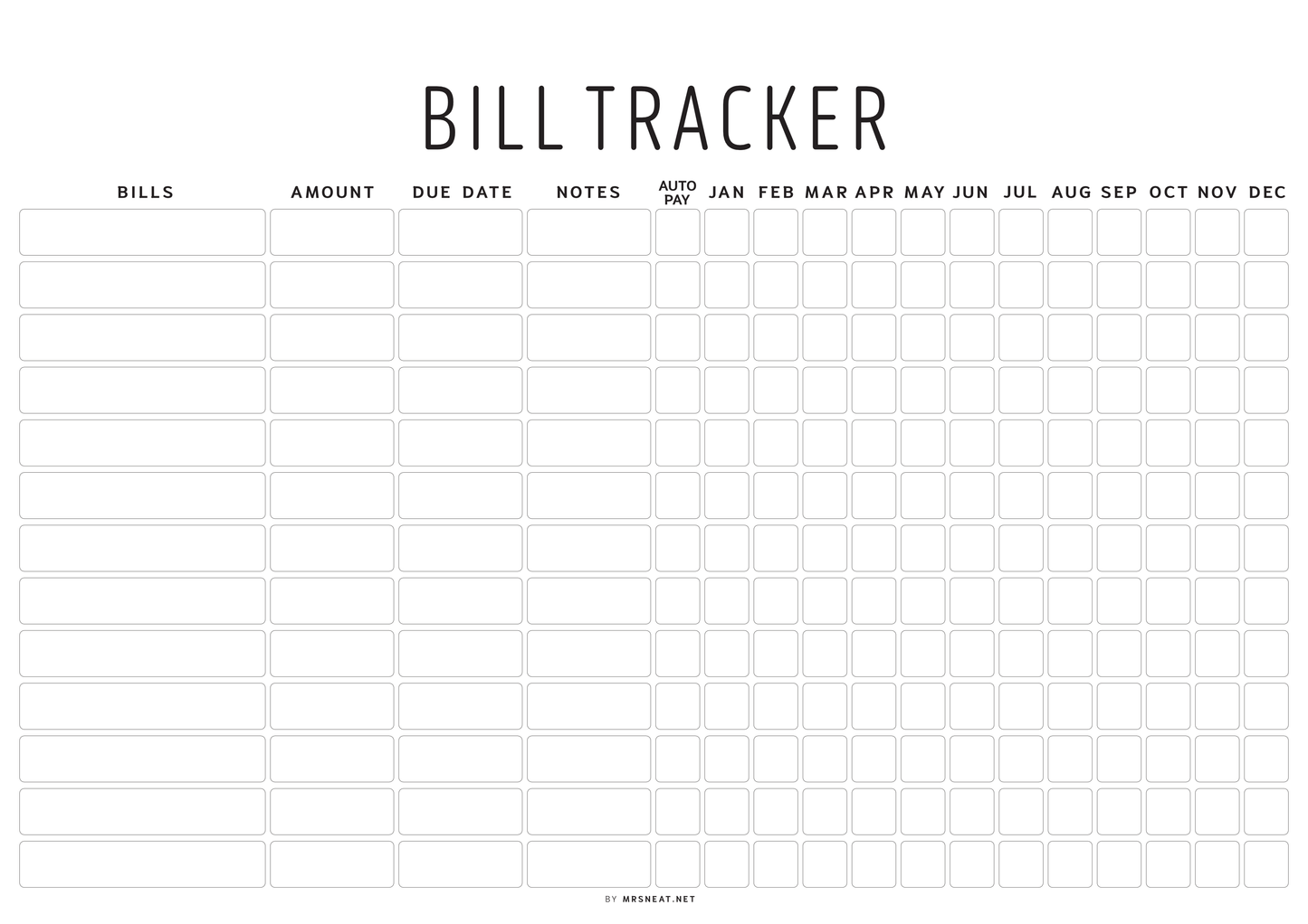 Bill tracker with columns for bills, amount, due date, notes, and months.