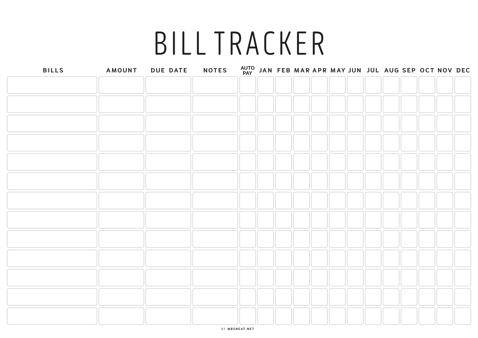 Bill tracker with columns for bills, amount, due date, notes, and months.