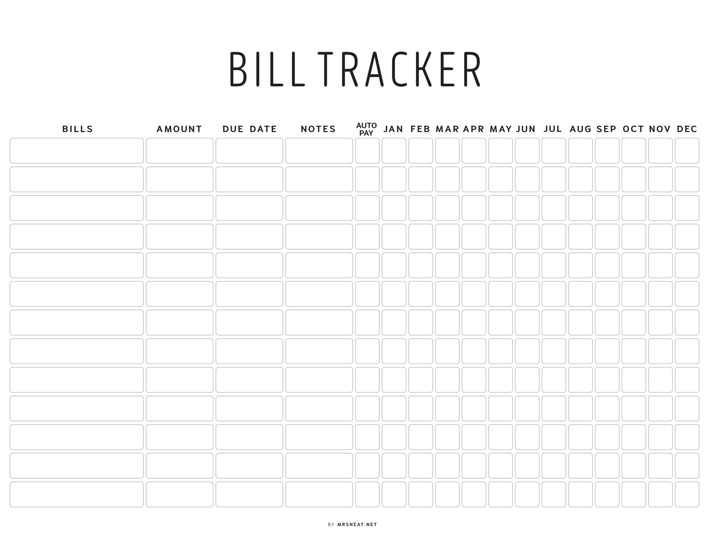 Bill tracker with columns for bills, amount, due date, notes, and months.